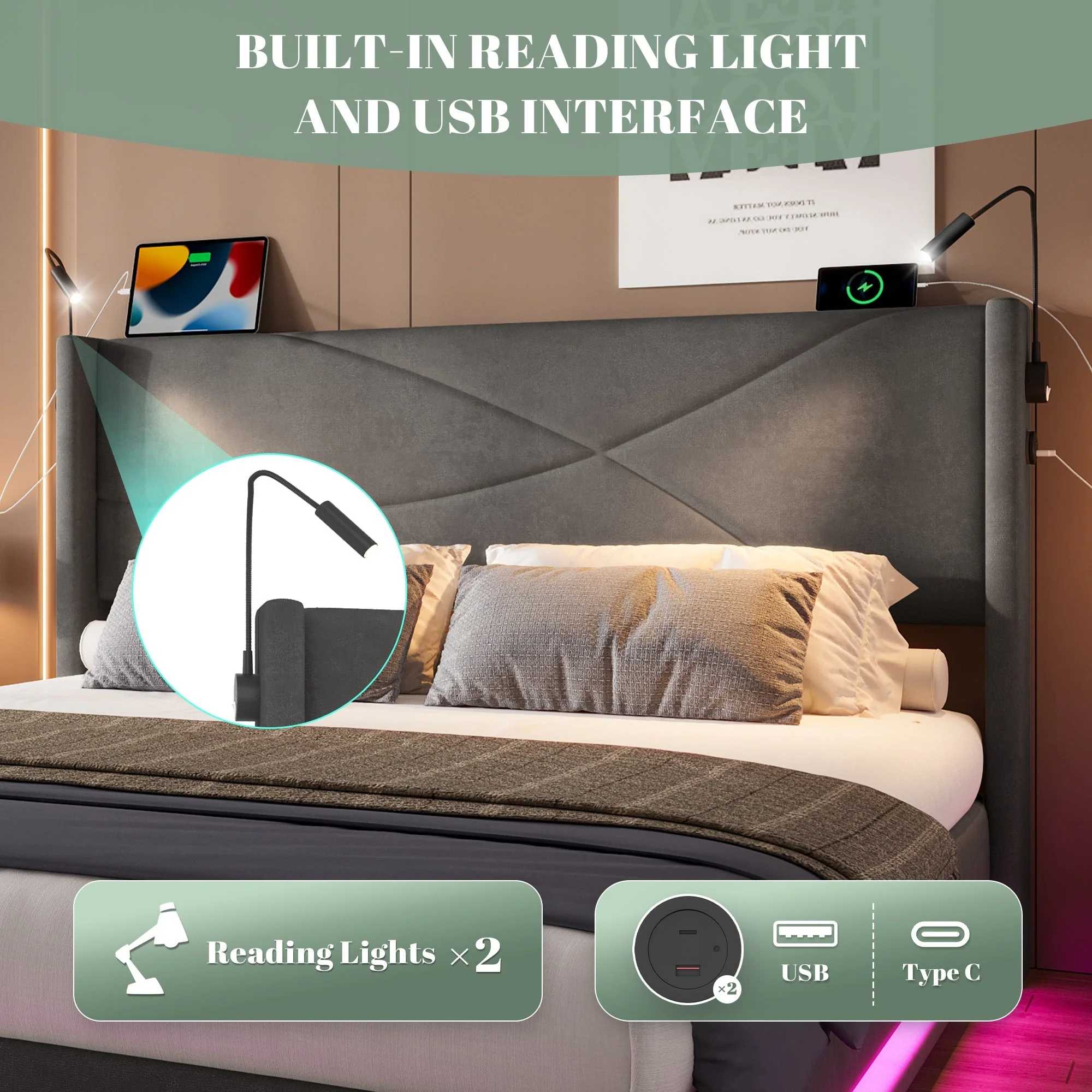Modern Bed Frame, Reading Lights, LED, Hydraulic Storage Base, USB Ports, Dark Gray - Image 6