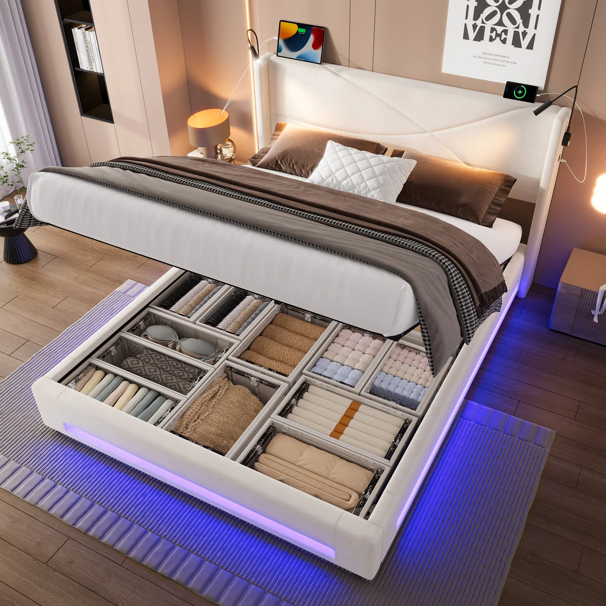Modern Bed Frame with Integrated Reading Lamps, LED Lighting, Storage Base, USB/Type-C Ports - Beige
