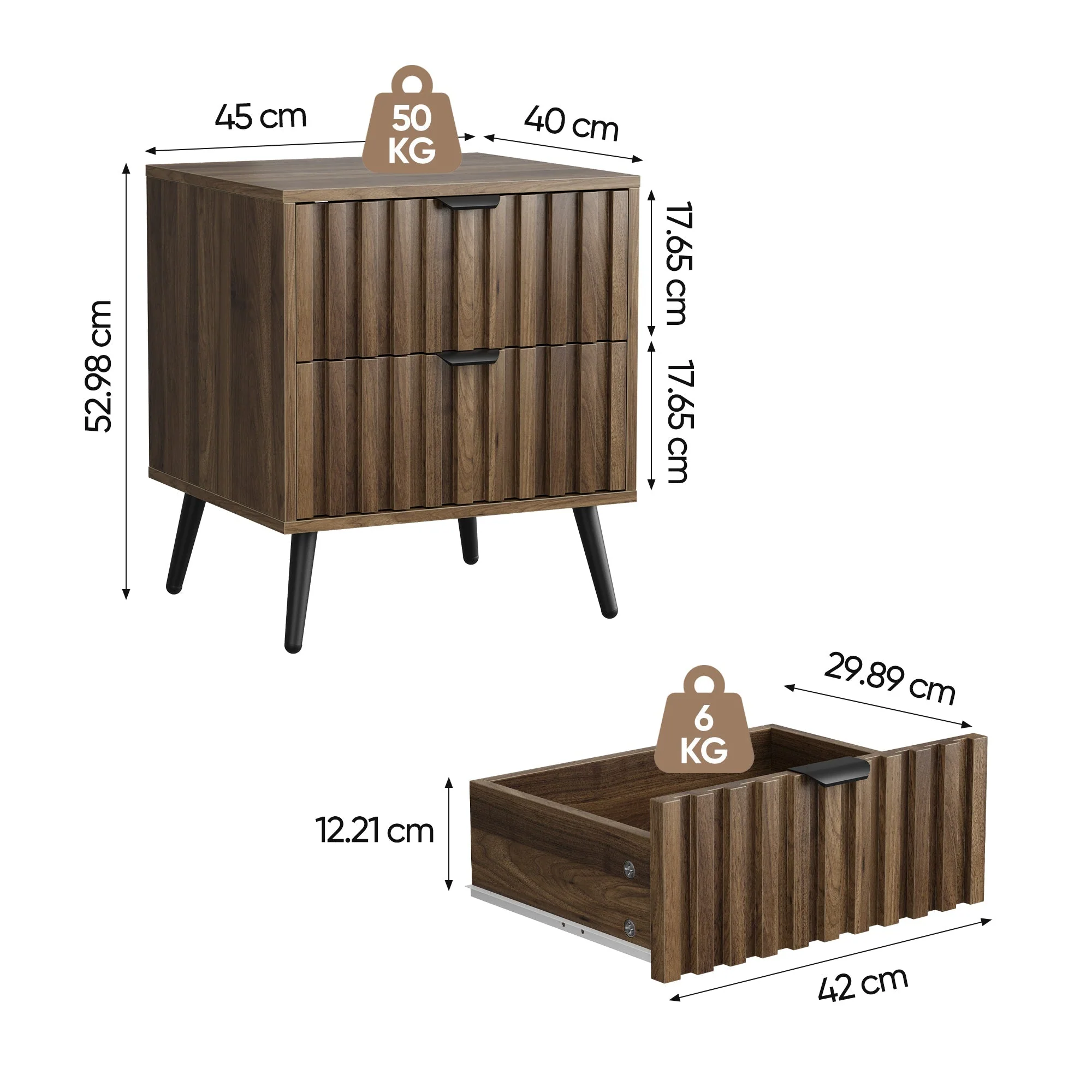 Modern Bedside Table Recessed Design 2 Drawers 45x40x53 cm - Walnut - Image 2