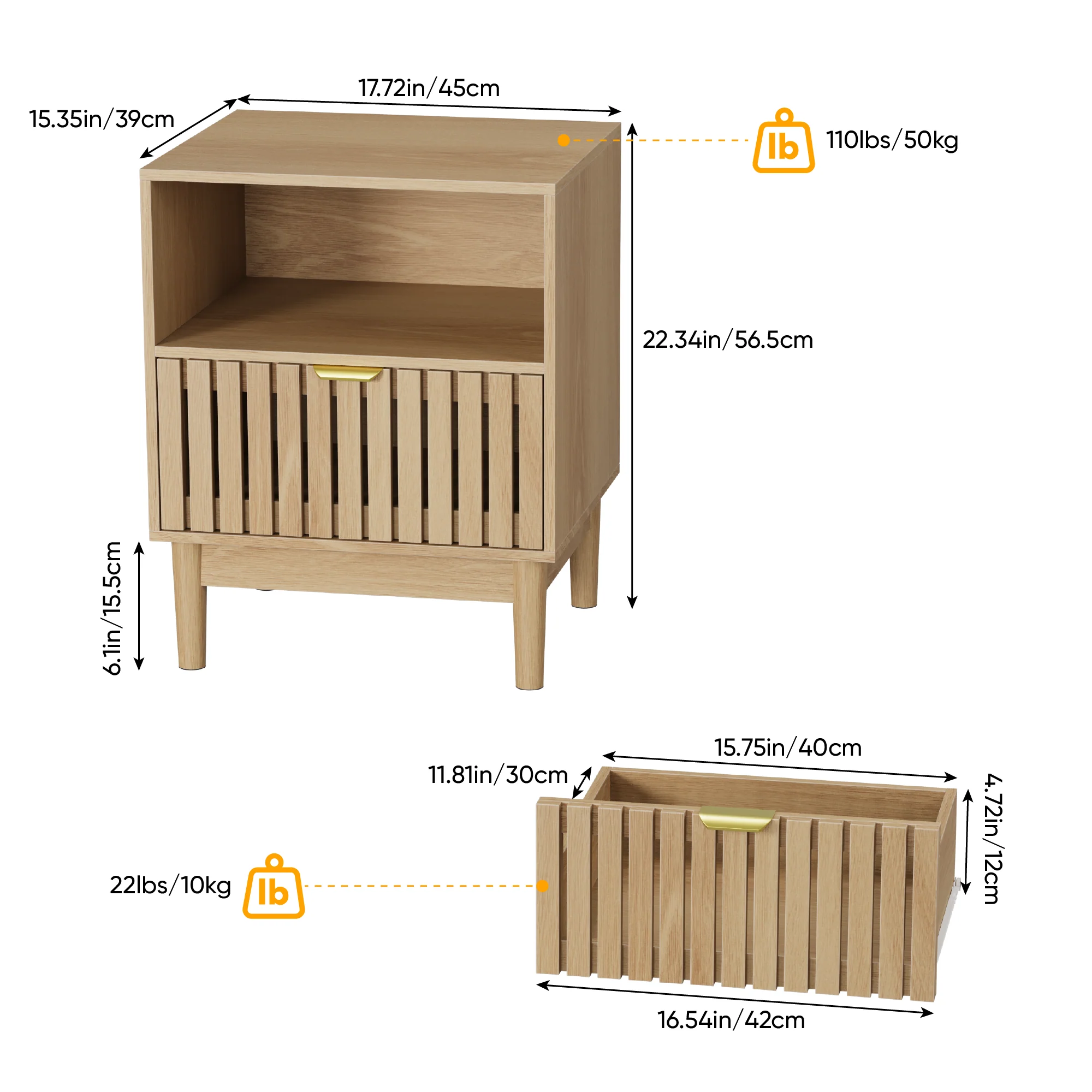 Modern Bedside Table with 1 Drawer and Slatted Design, 45x39x56.5cm, Oak - Image 2