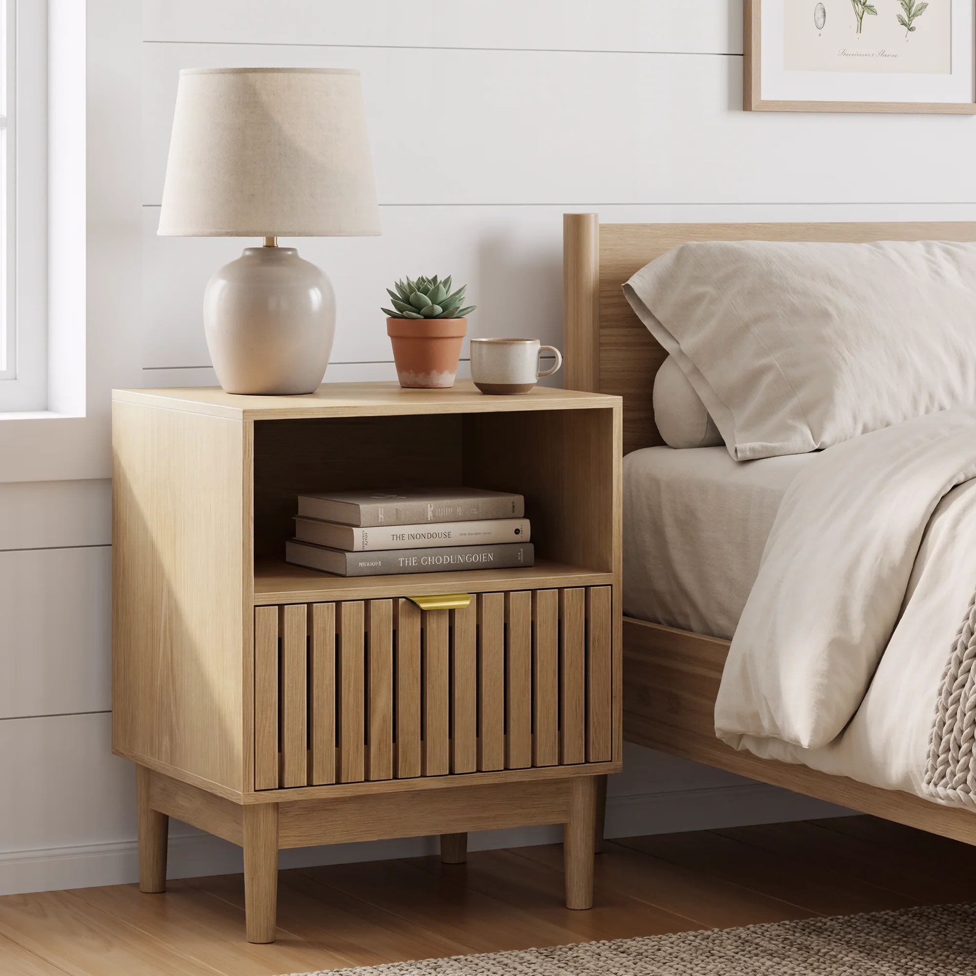 Modern Bedside Table with 1 Drawer and Slatted Design, 45x39x56.5cm, Oak - Image 3