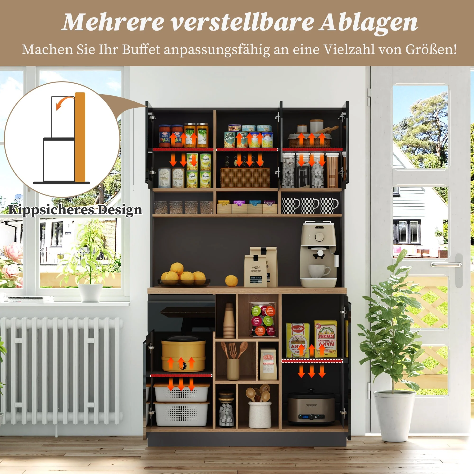 Modern Buffet Sideboard 105x185cm Adjustable Shelves Drawers - Grey/Black - Image 2
