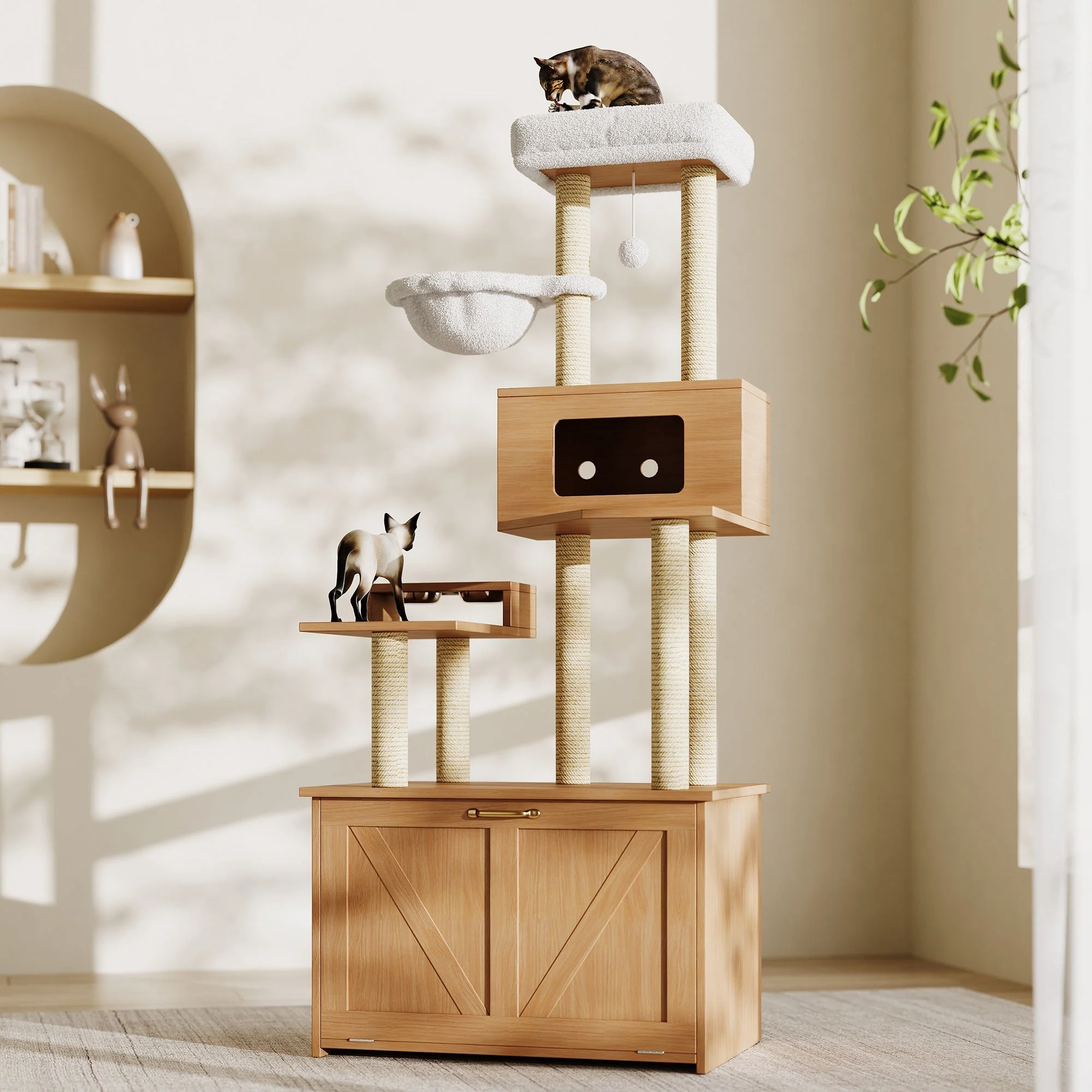 Modern Cat Tower & Scratching Post All-in-One Furniture, Walnut Color - Image 4