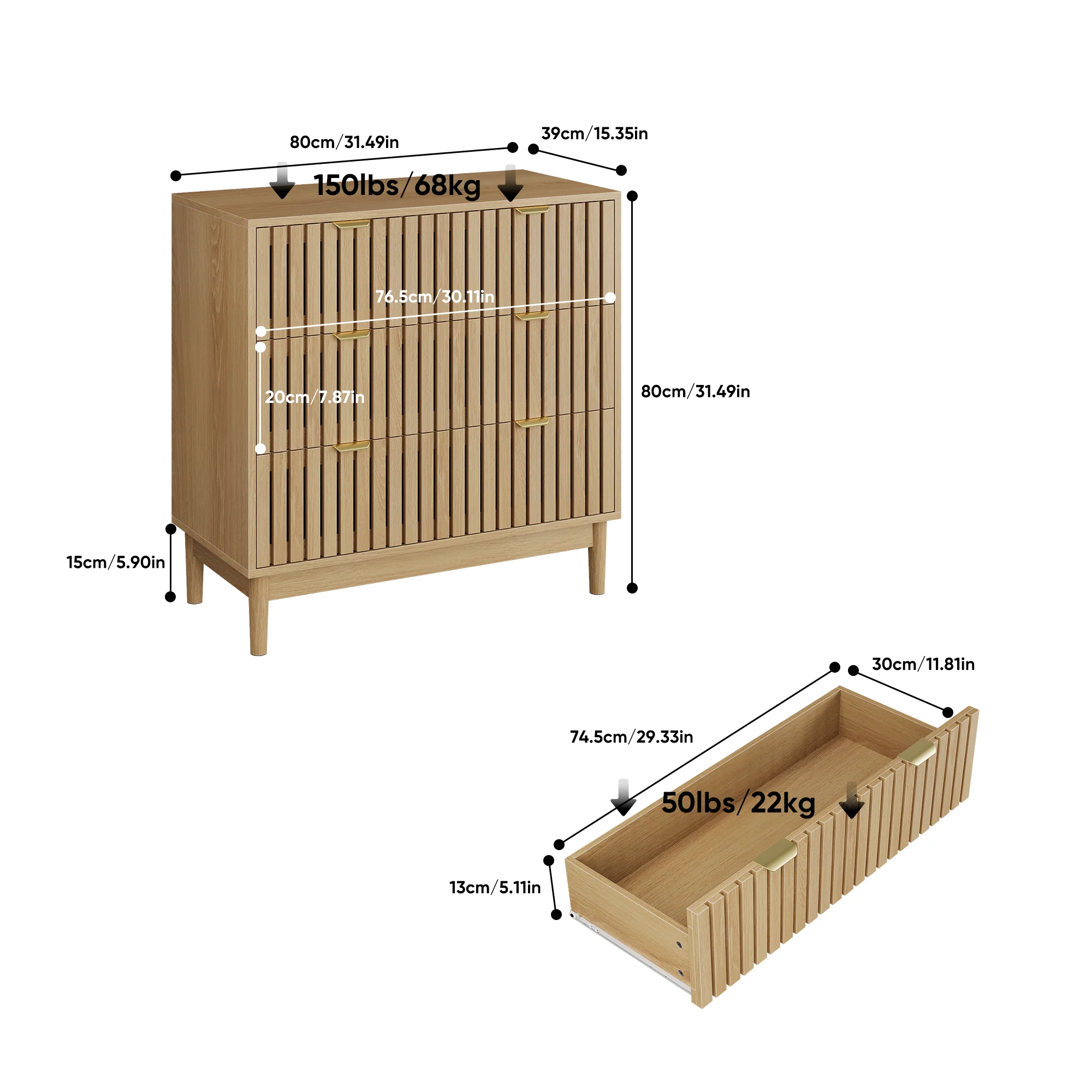 Modern Chest of Drawers, 3 Drawer Medieval Country Style Storage Cabinet for Bedroom and Living Room, Oak Wood - Image 2