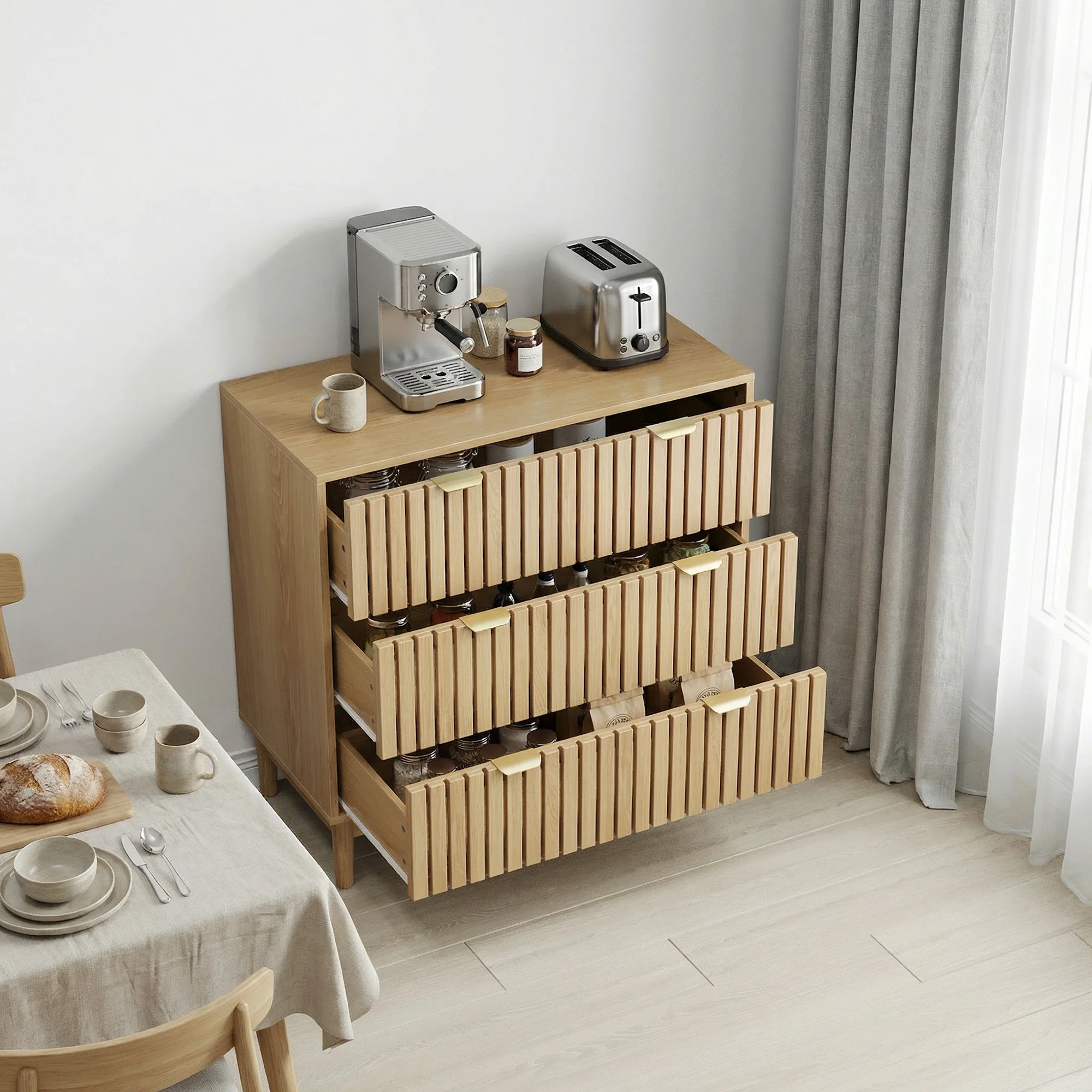 Modern Chest of Drawers, 3 Drawer Medieval Country Style Storage Cabinet for Bedroom and Living Room, Oak Wood - Image 3