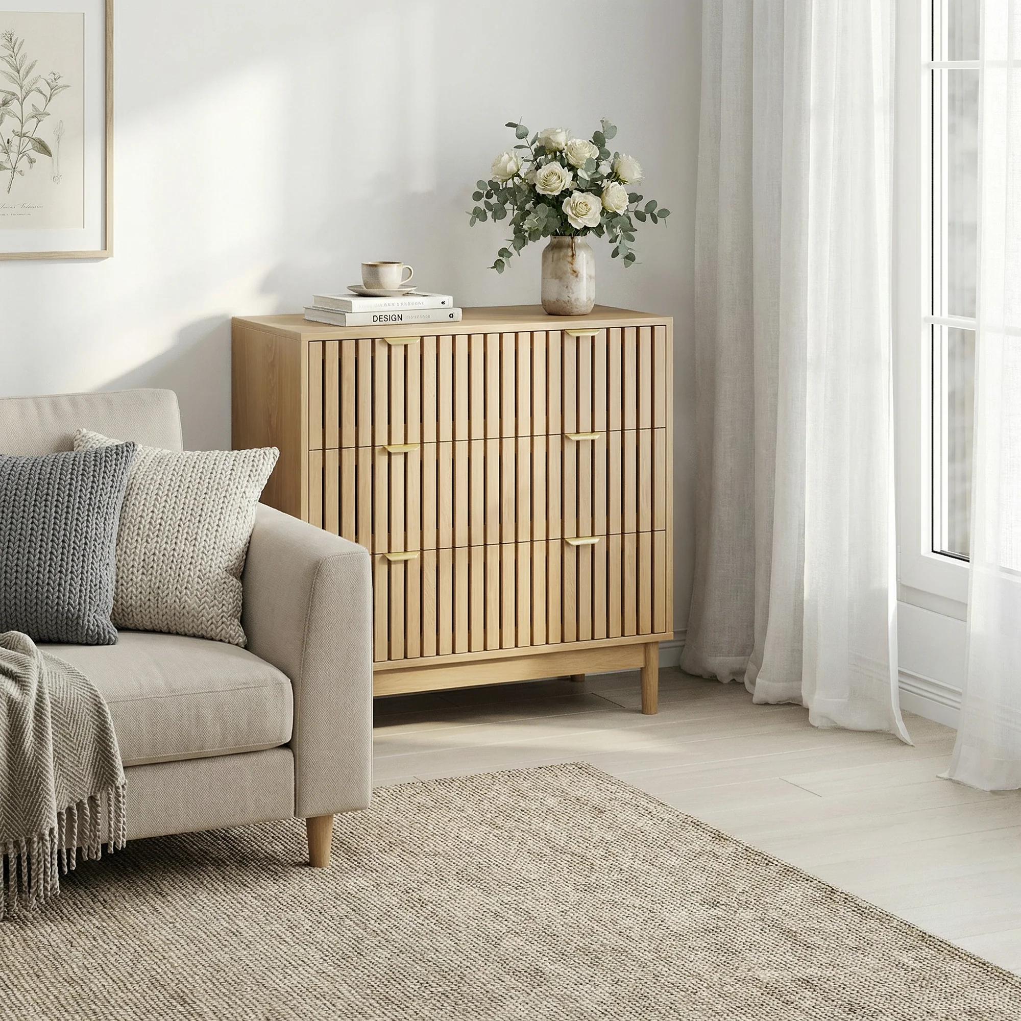 Modern Chest of Drawers, 3 Drawer Medieval Country Style Storage Cabinet for Bedroom and Living Room, Oak Wood - Image 4