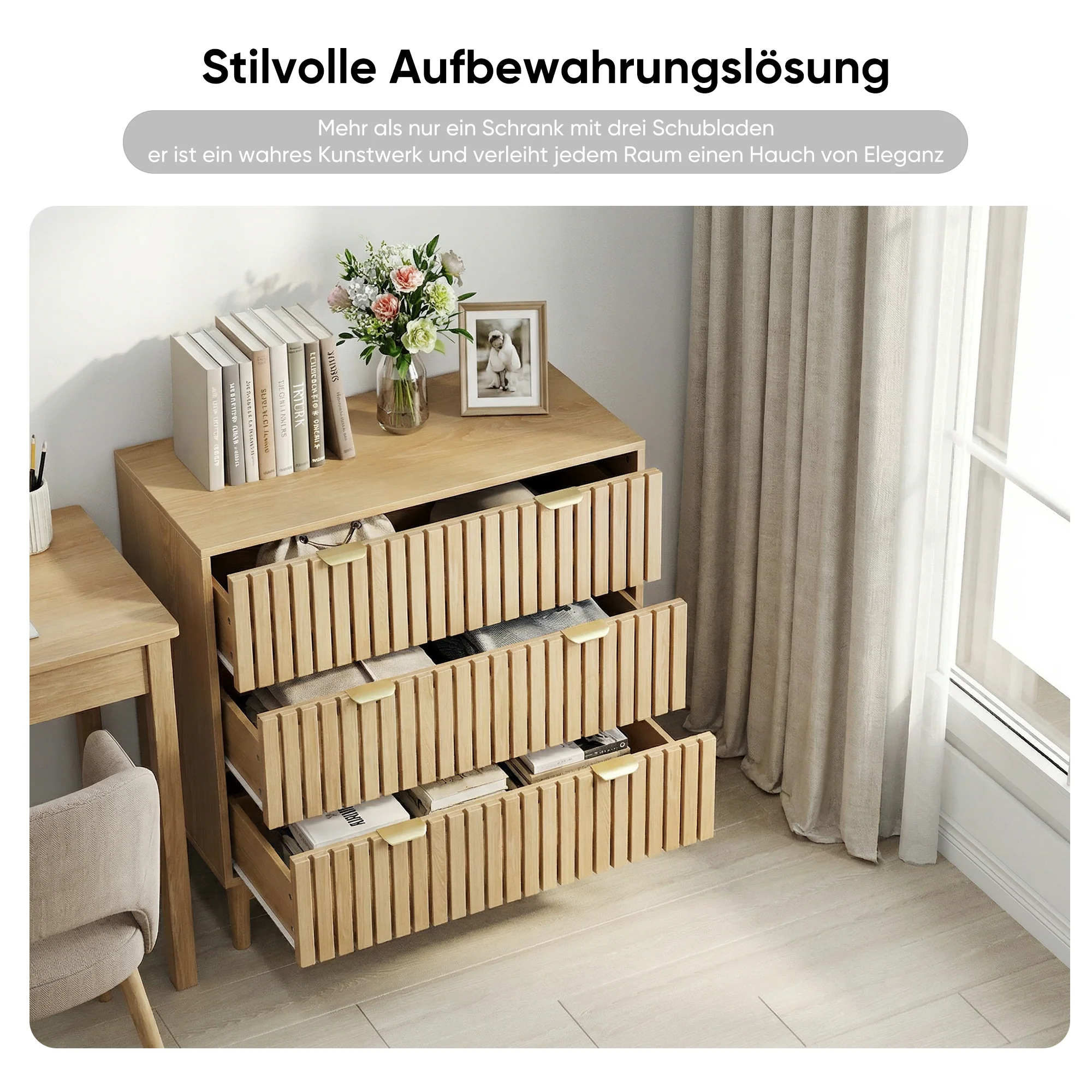 Modern Chest of Drawers, 3 Drawer Medieval Country Style Storage Cabinet for Bedroom and Living Room, Oak Wood - Image 5