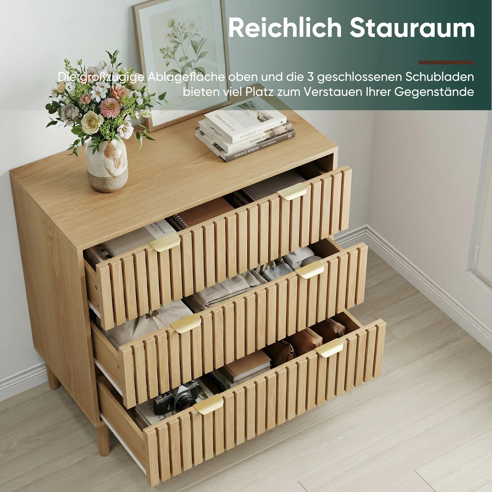 Modern Chest of Drawers, 3 Drawer Medieval Country Style Storage Cabinet for Bedroom and Living Room, Oak Wood - Image 6