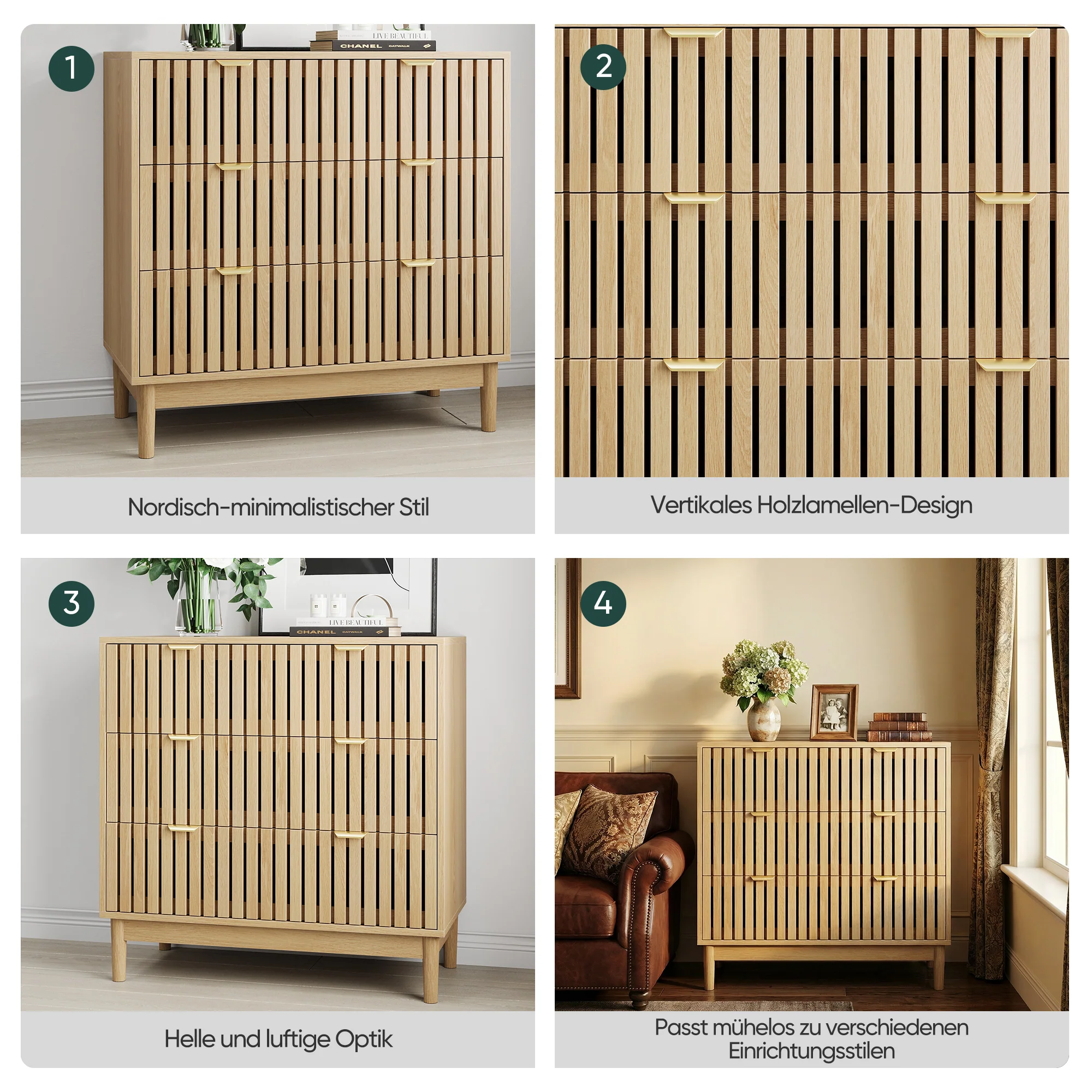Modern Chest of Drawers, 3 Drawer Medieval Country Style Storage Cabinet for Bedroom and Living Room, Oak Wood - Image 7
