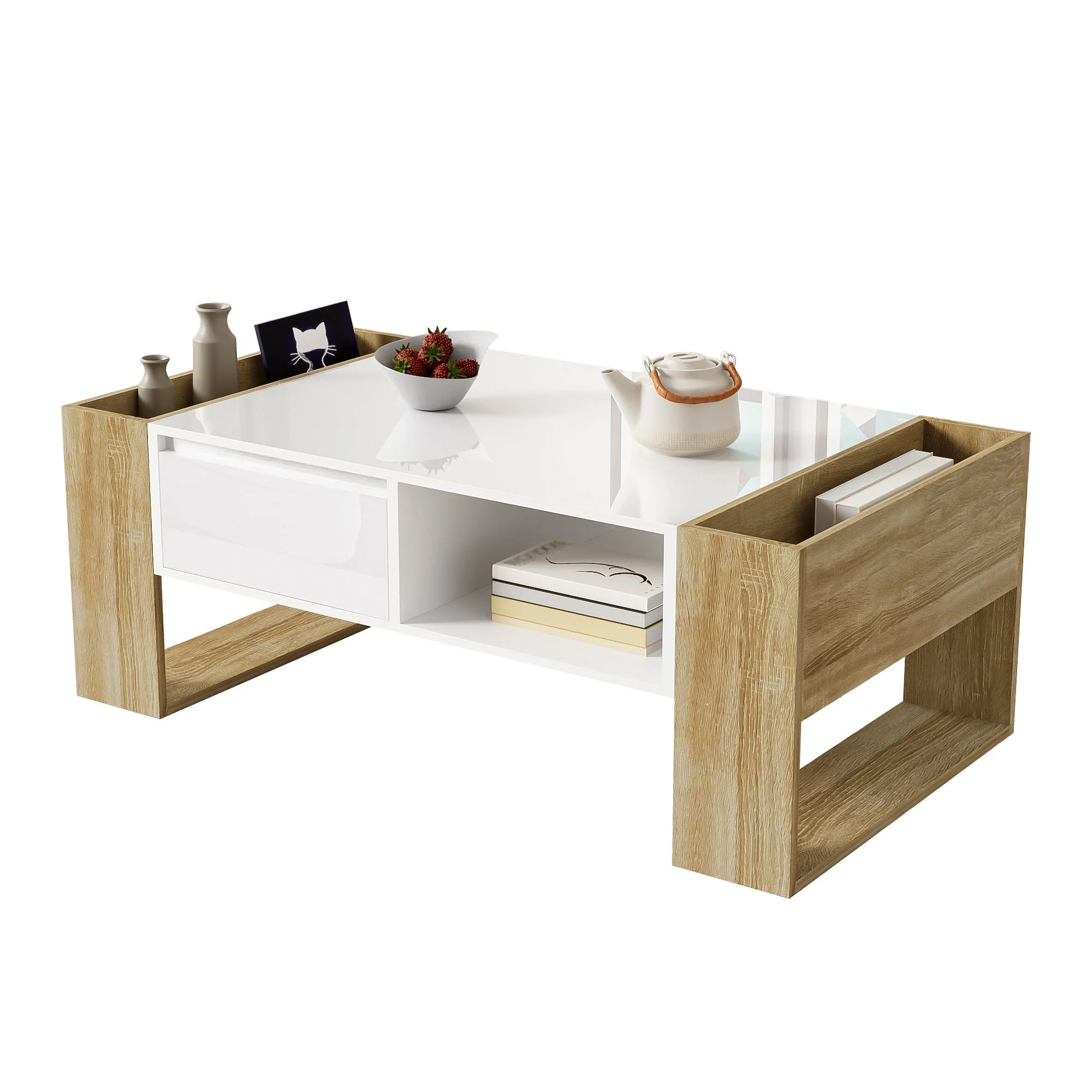 Modern coffee table 105 x 60 x 40 cm with drawers and open compartments, high gloss - Image 6
