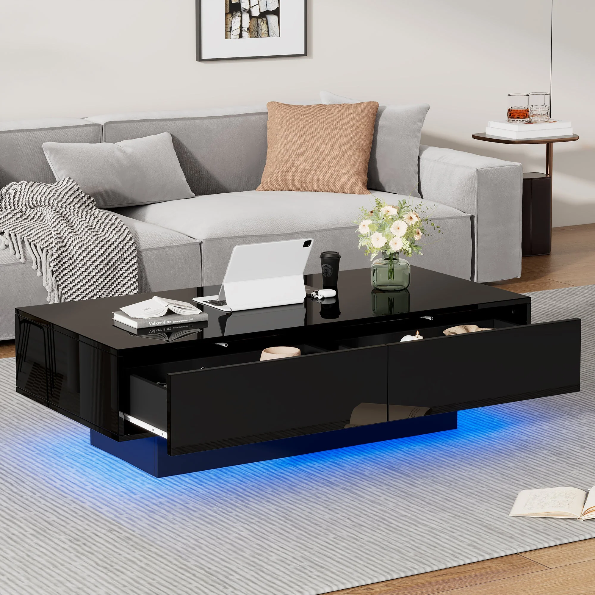 Modern Coffee Table, 115x55x34cm with 2 Drawers, LED Lighting, Black High-Gloss - Image 5