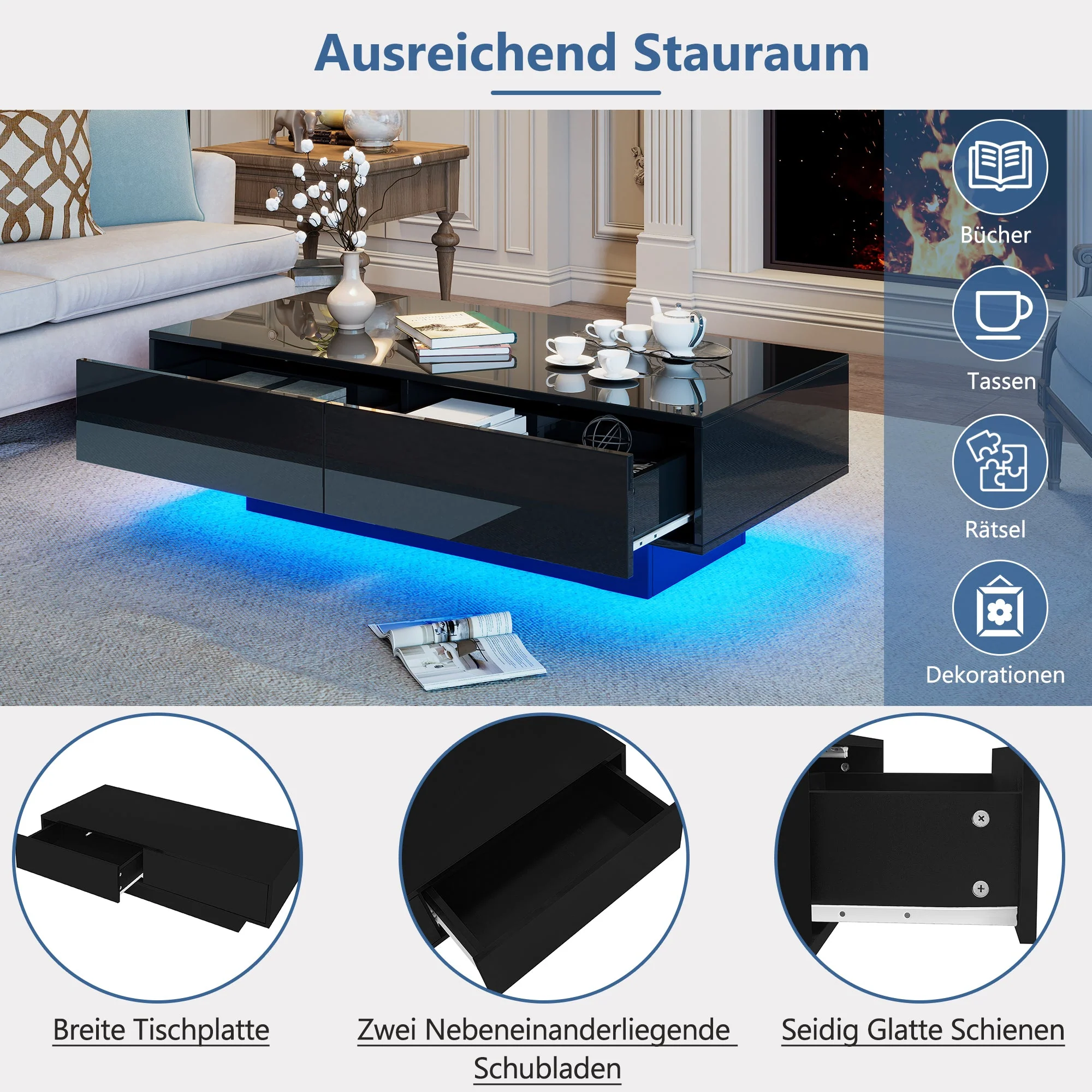 Modern Coffee Table, 115x55x34cm with 2 Drawers, LED Lighting, Black High-Gloss - Image 9
