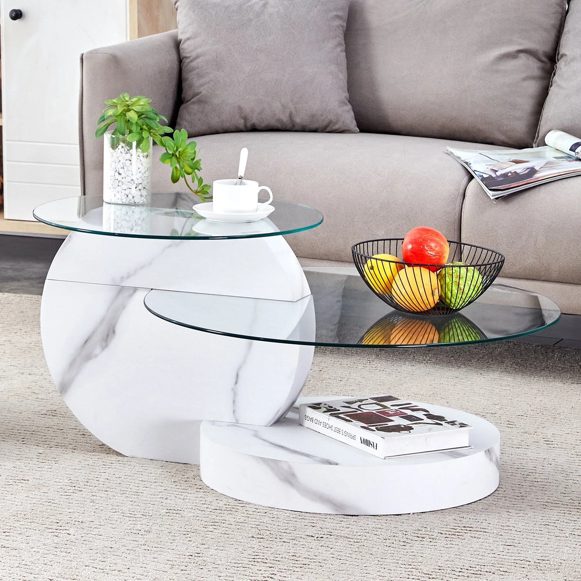 Modern Coffee Table Double-Layered Safety Glass Multi-Tiered White Marble Effect MDF - Image 2