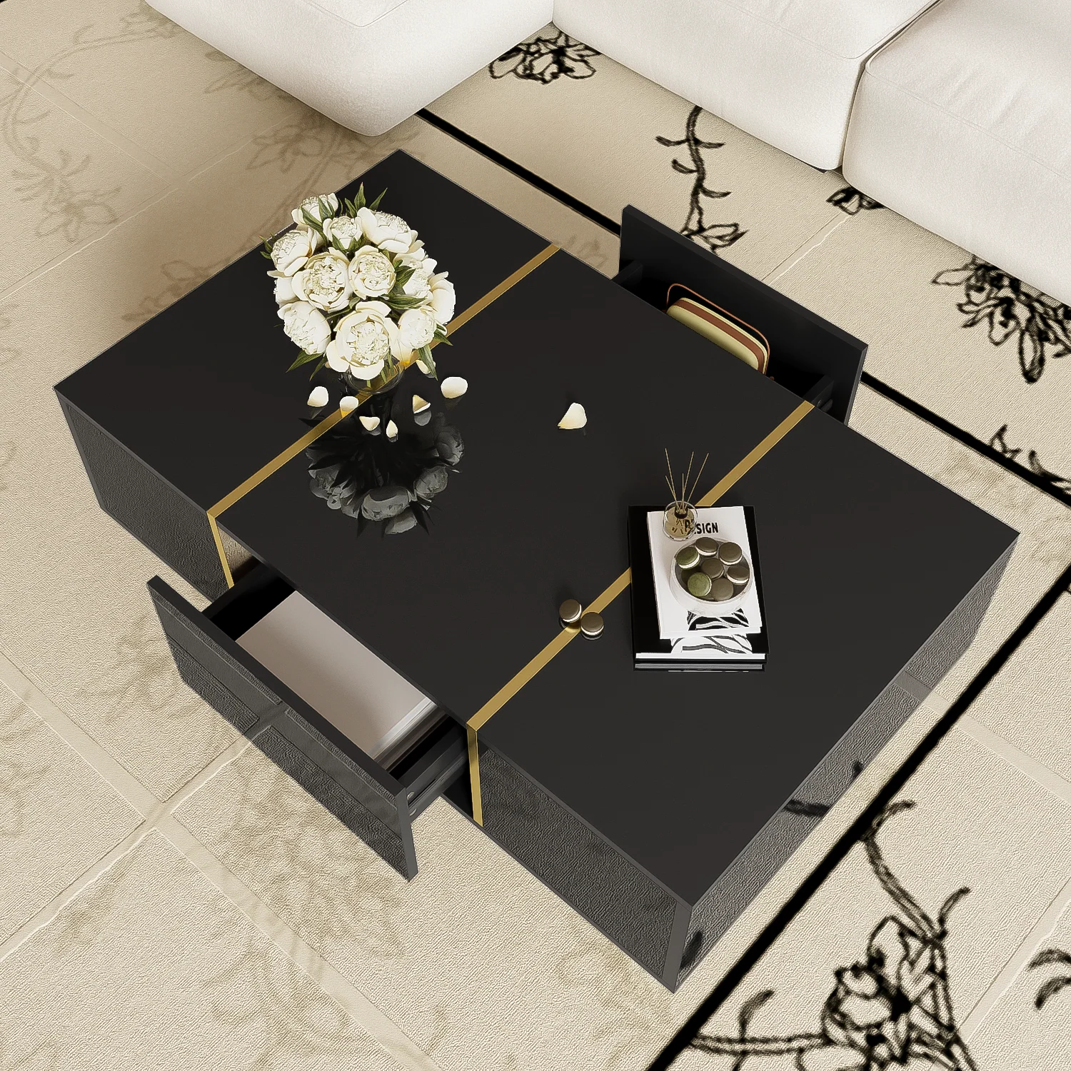 Modern Coffee Table, High Gloss with 2 Drawers, Black - Image 3