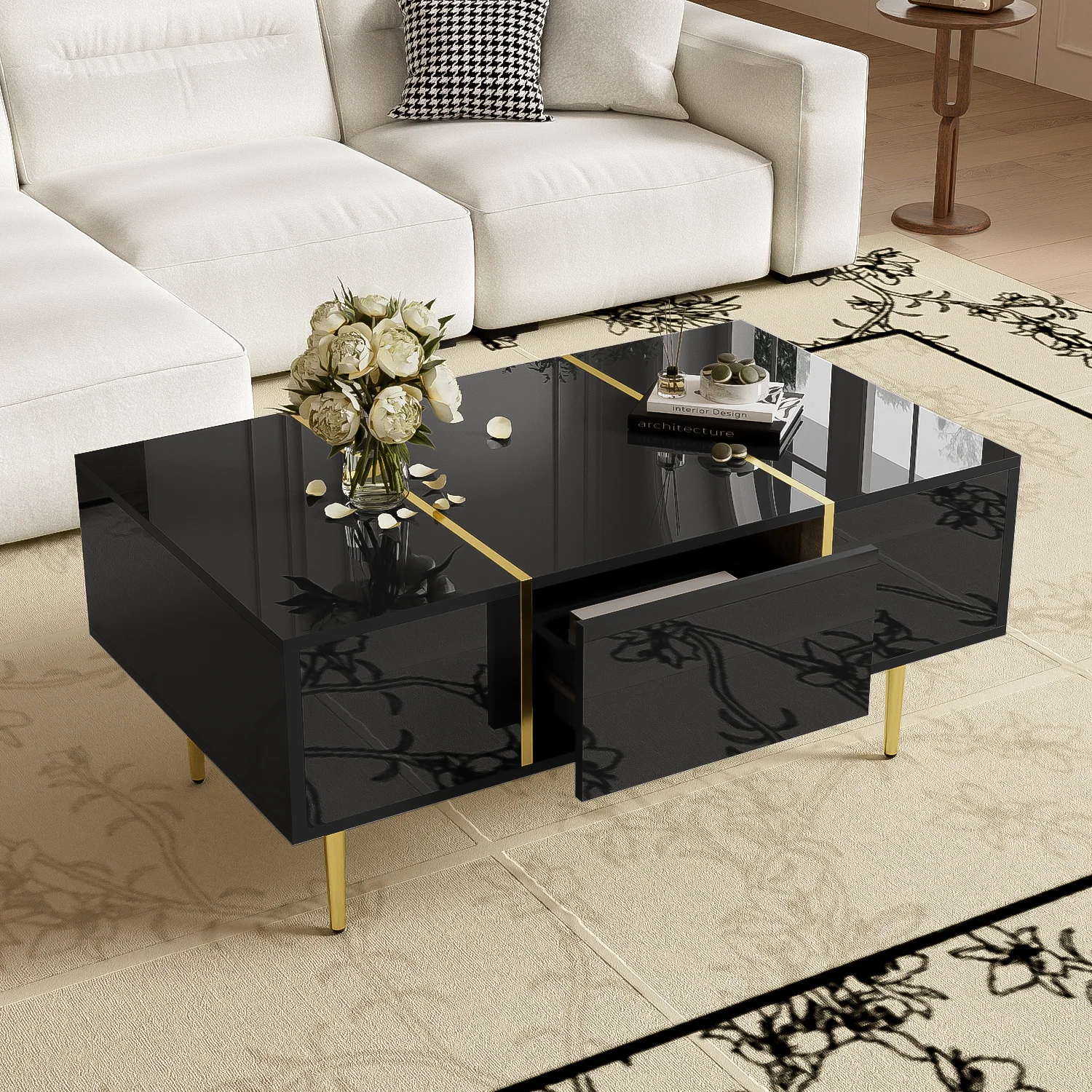Modern Coffee Table, High Gloss with 2 Drawers, Black - Image 4