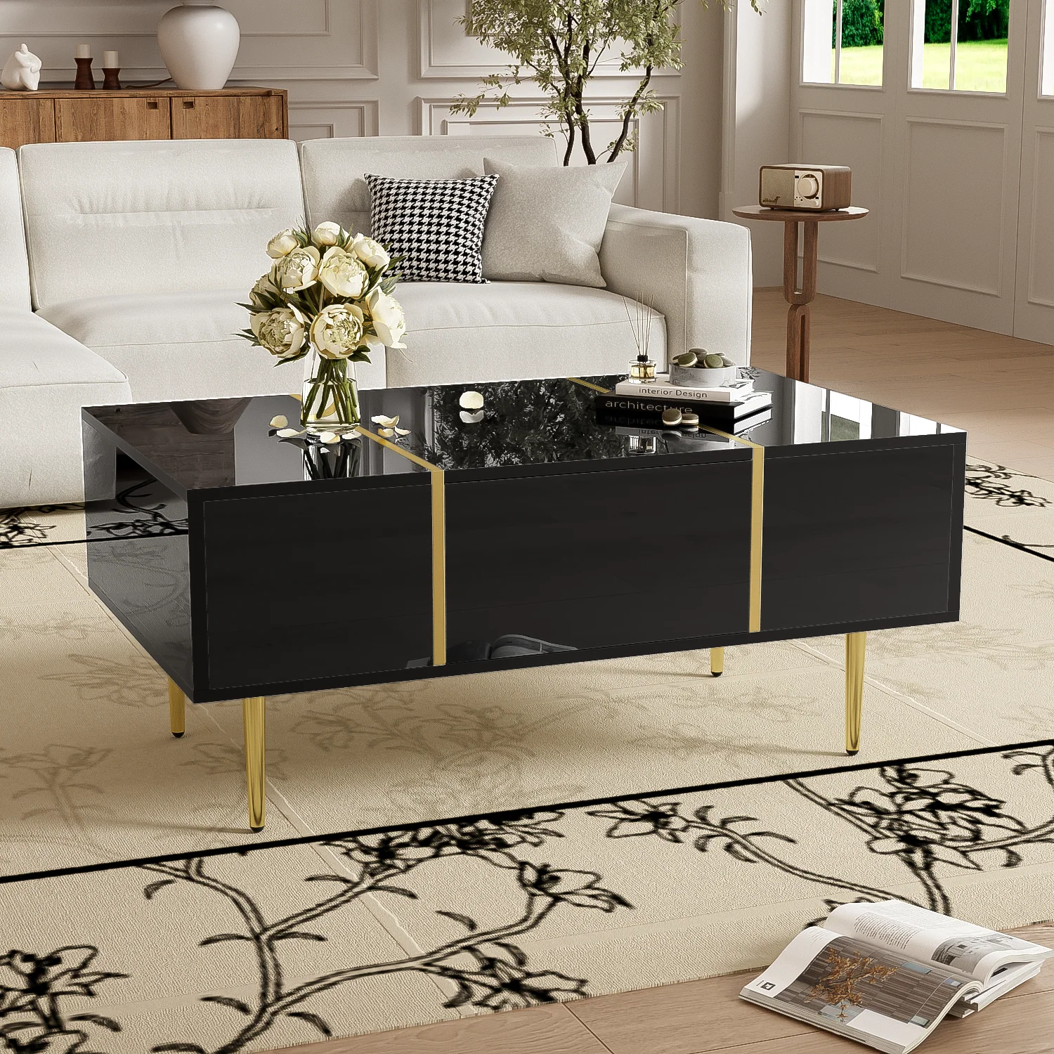 Modern Coffee Table, High Gloss with 2 Drawers, Black - Image 5