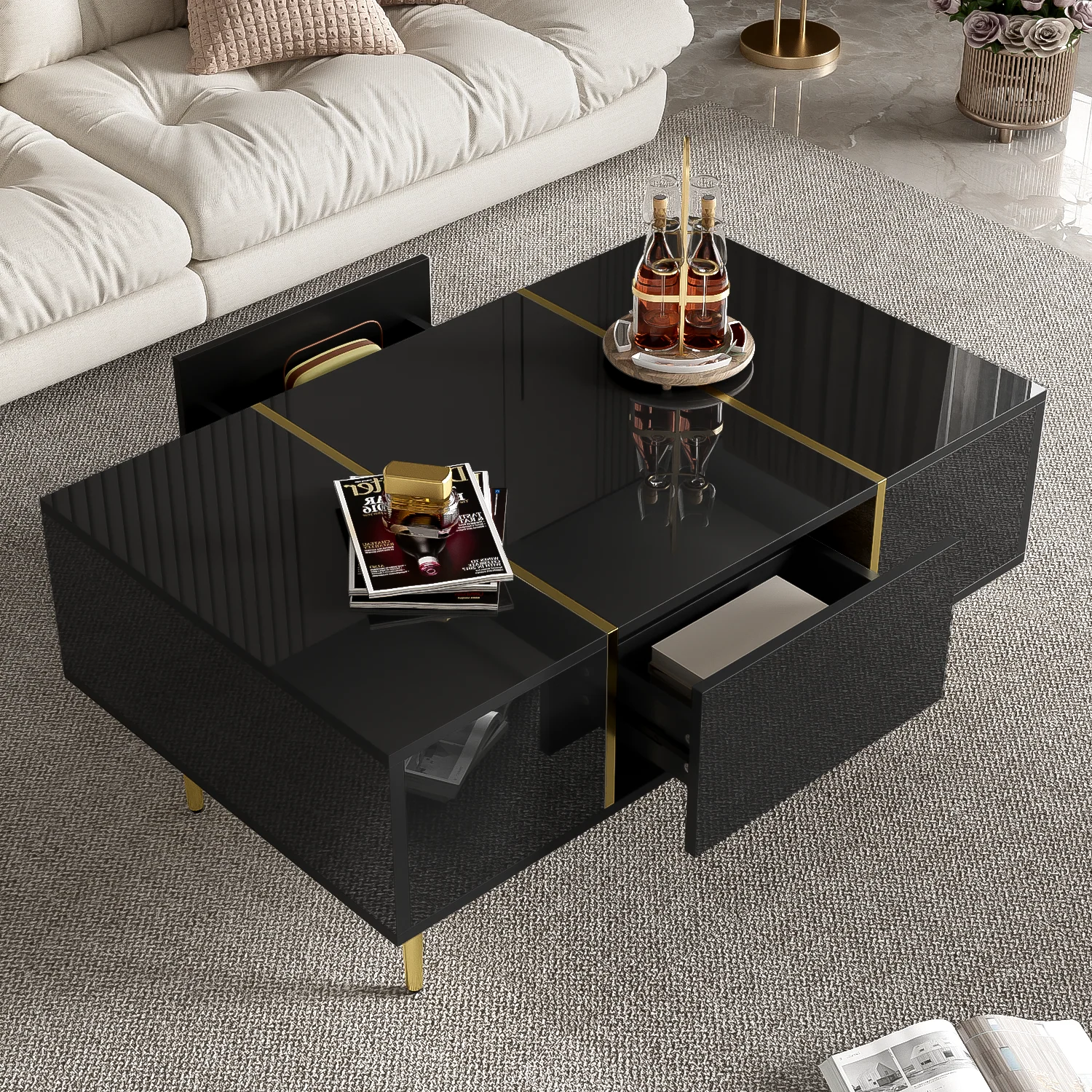 Modern Coffee Table, High Gloss with 2 Drawers, Black - Image 7