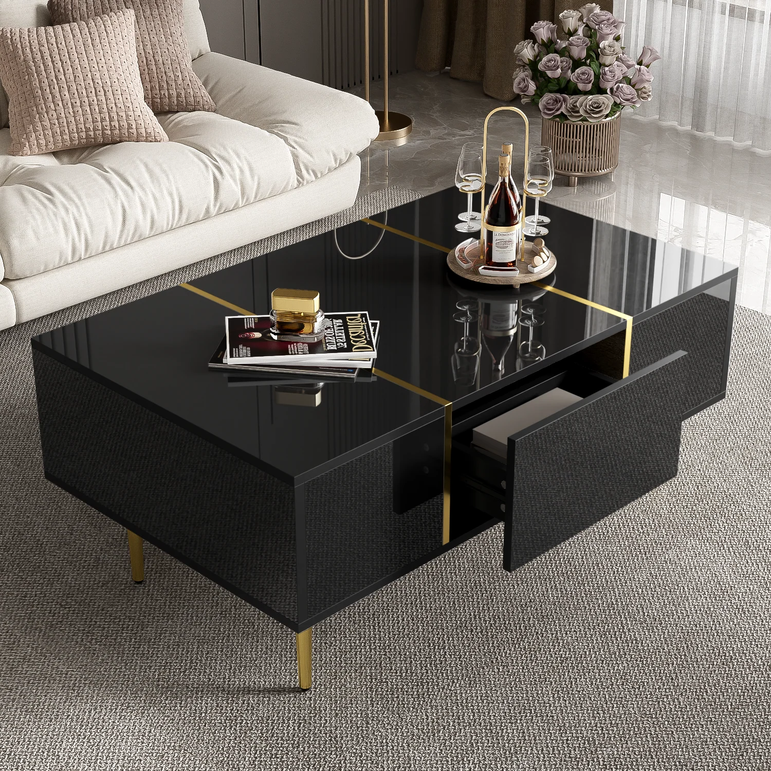 Modern Coffee Table, High Gloss with 2 Drawers, Black - Image 8