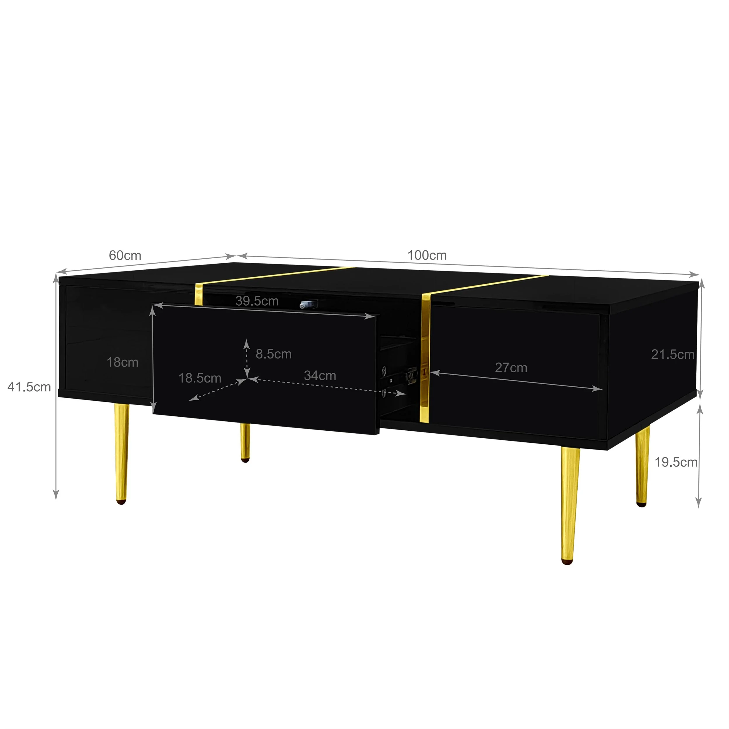 Modern Coffee Table, High Gloss with 2 Drawers, Black - Image 9