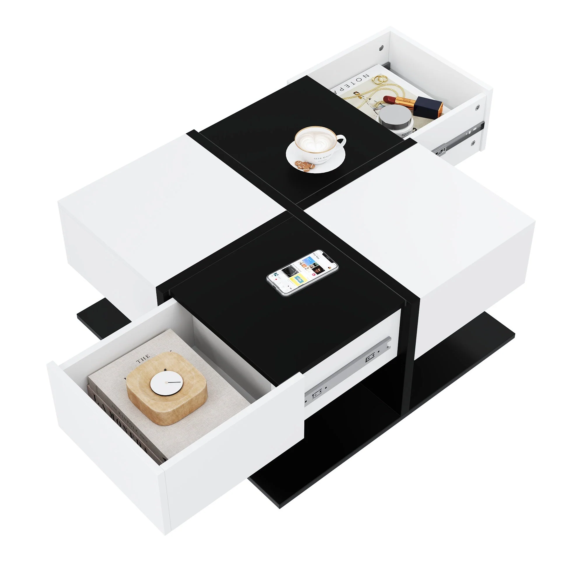 Modern Coffee Table with 2 Drawers, Square Living Room Table, 70x70x35.5 cm, Black and White - Image 2