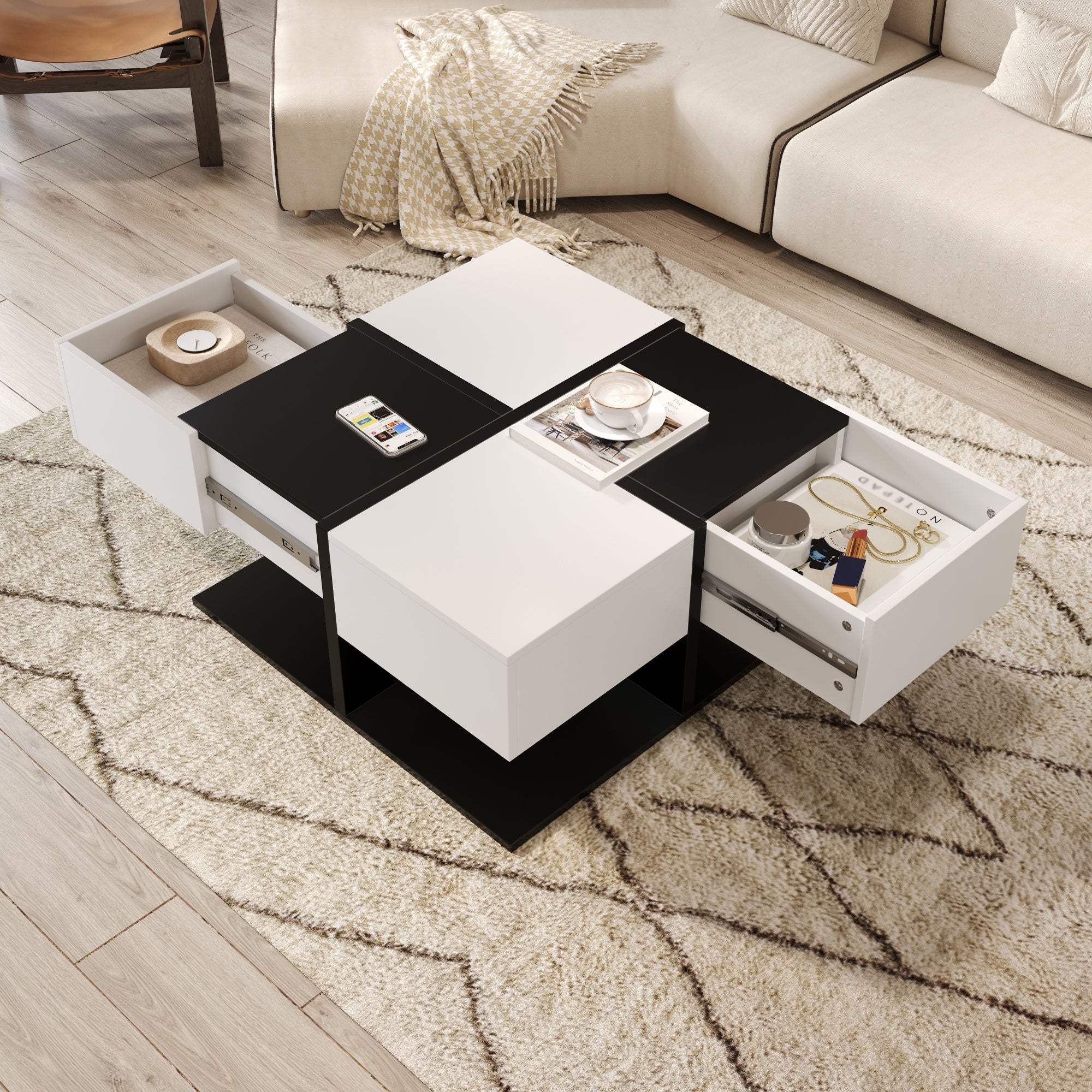 Modern Coffee Table with 2 Drawers, Square Living Room Table, 70x70x35.5 cm, Black and White - Image 7