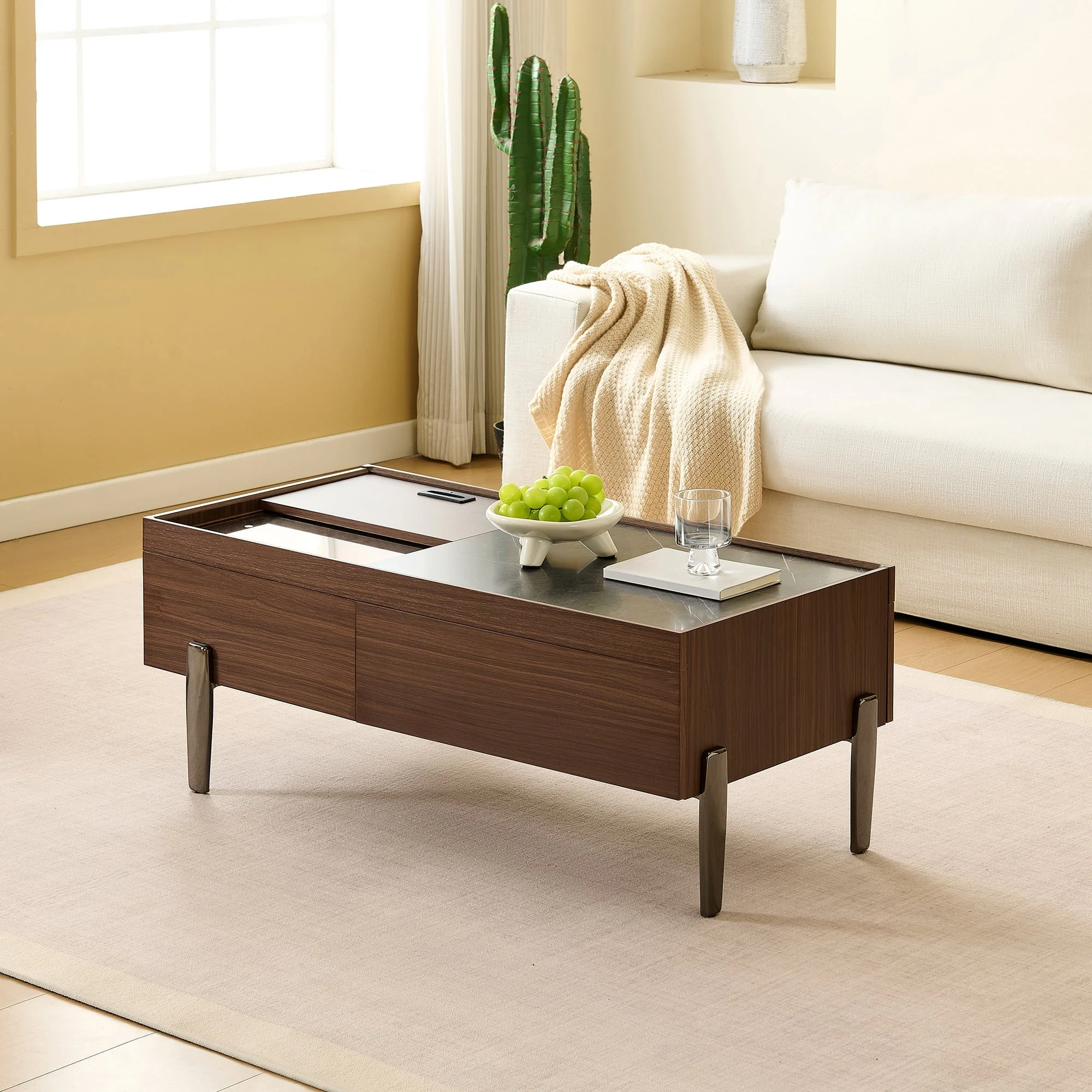 Modern Coffee Table with Drawers, Glass Top & Storage, Dark Brown Wood & Marble-Effect - Image 4