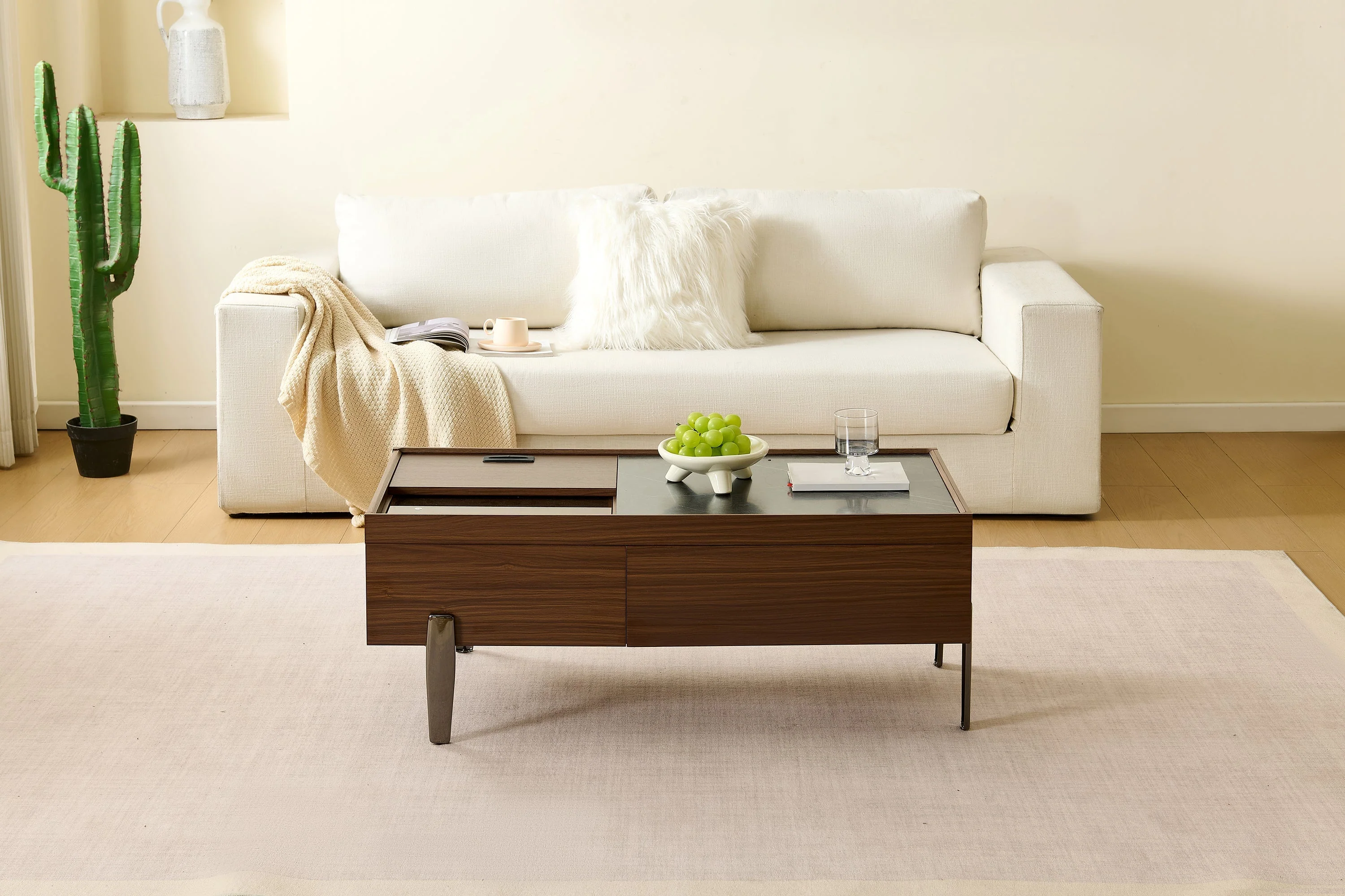 Modern Coffee Table with Drawers, Glass Top & Storage, Dark Brown Wood & Marble-Effect - Image 9