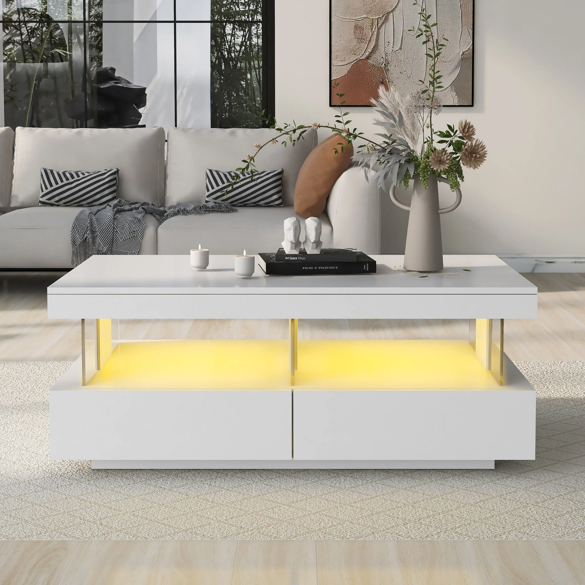 Modern Coffee Table with High-Gloss Top and 2 Drawers, White - Image 3