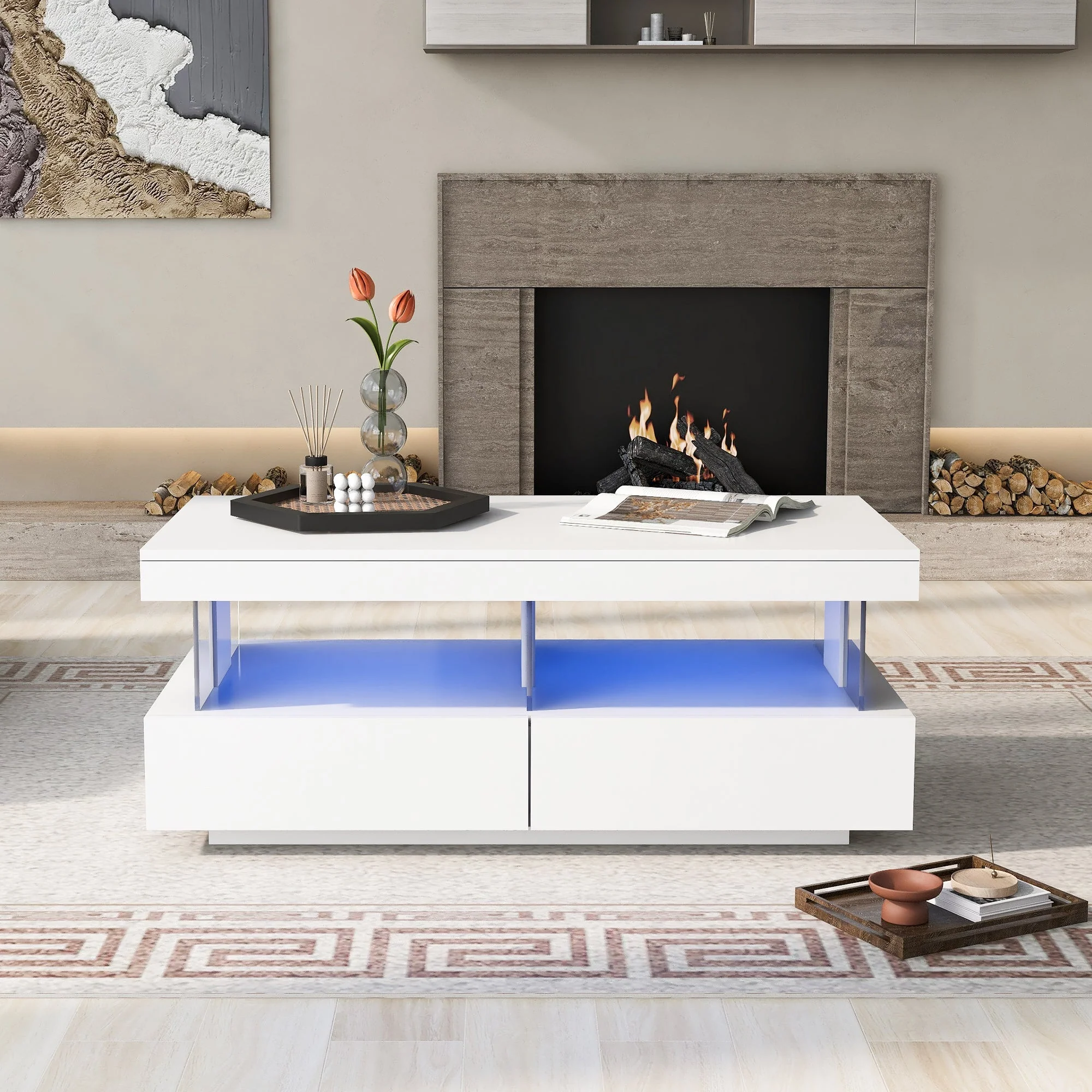 Modern Coffee Table with High-Gloss Top and 2 Drawers, White - Image 4