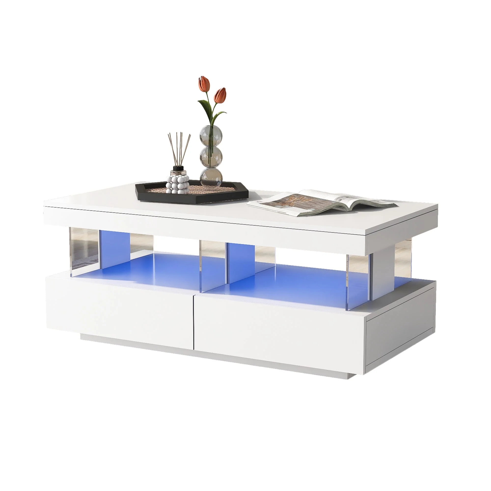 Modern Coffee Table with High-Gloss Top and 2 Drawers, White - Image 5