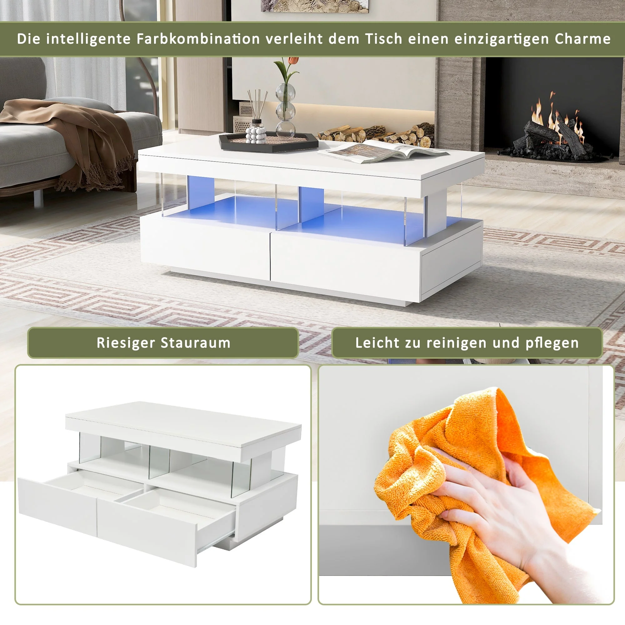Modern Coffee Table with High-Gloss Top and 2 Drawers, White - Image 7