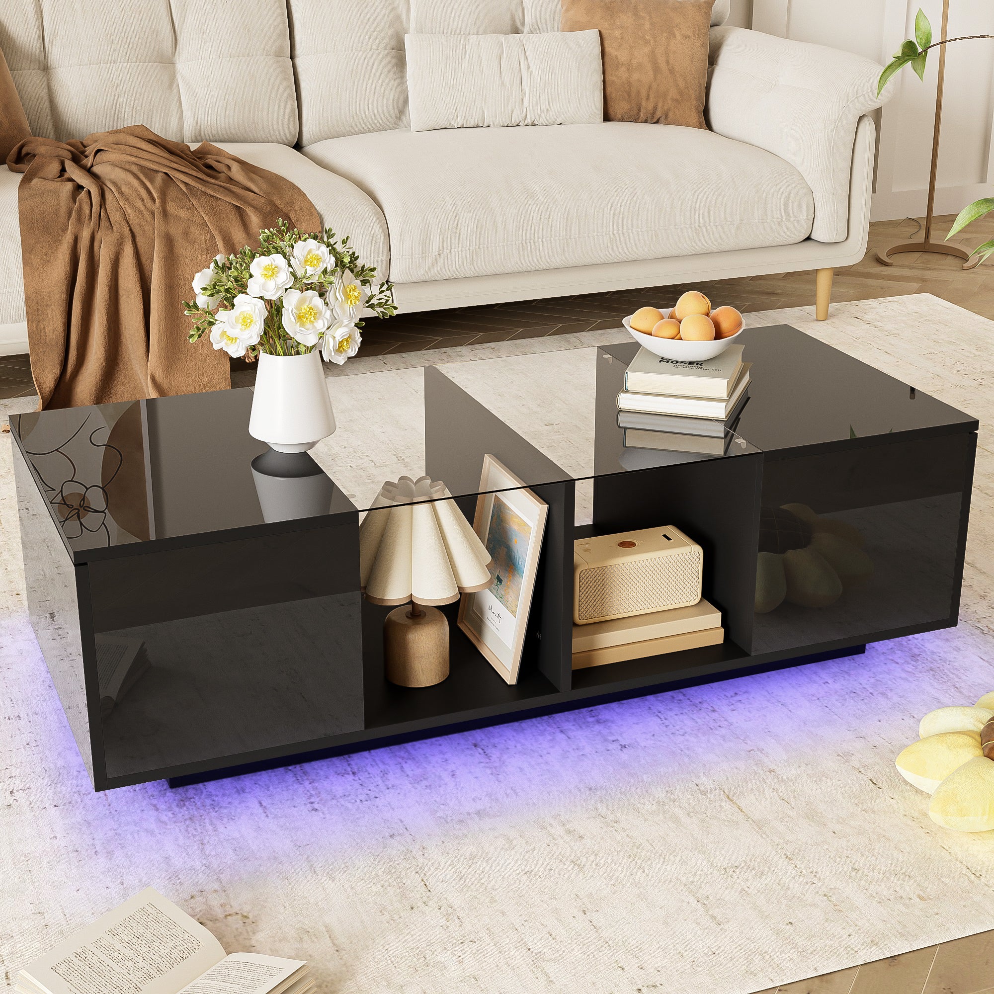 Modern Coffee Table with LED Lighting, High-Gloss, Black - Image 4