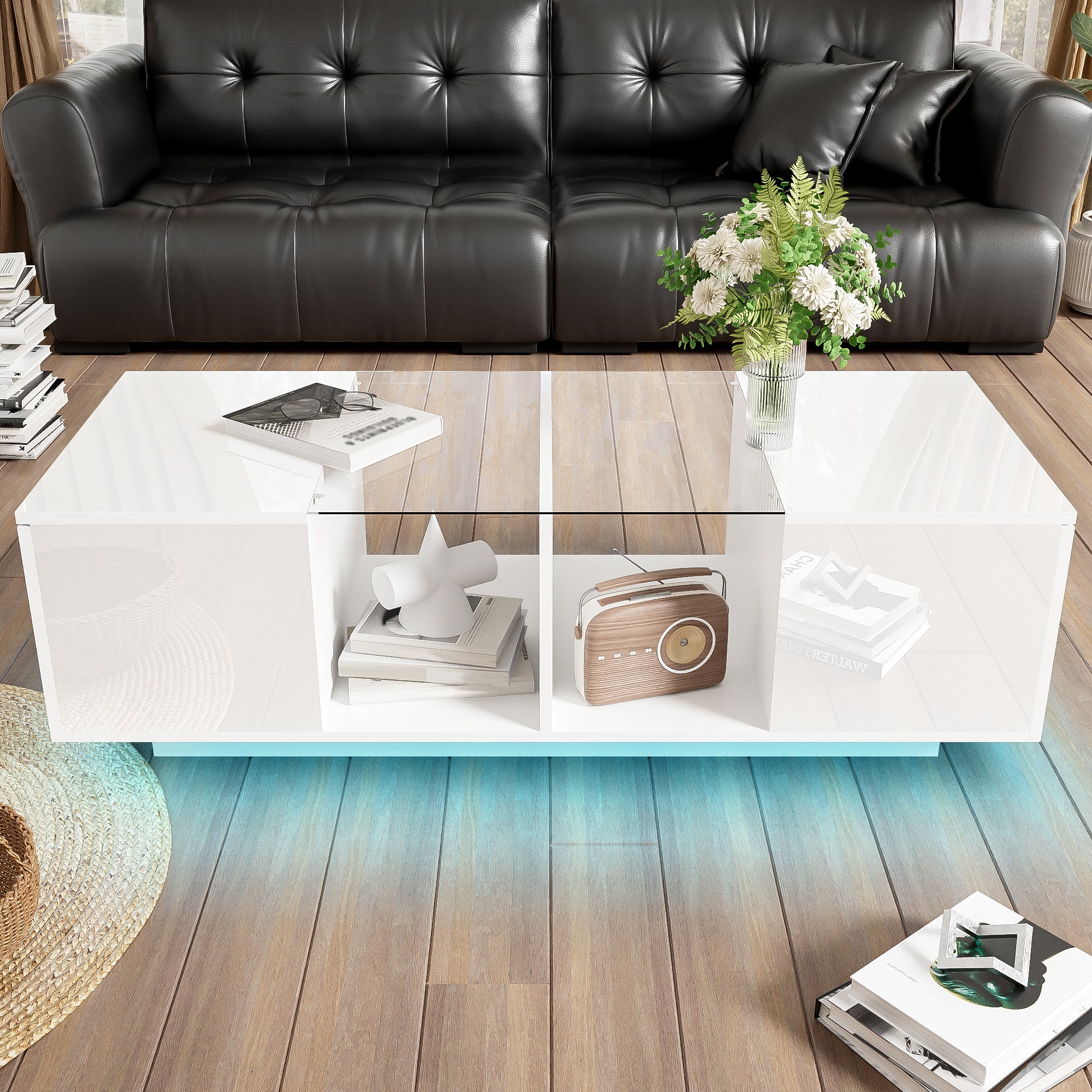Modern Coffee Table with LED Lighting, High-Gloss, White - Image 3