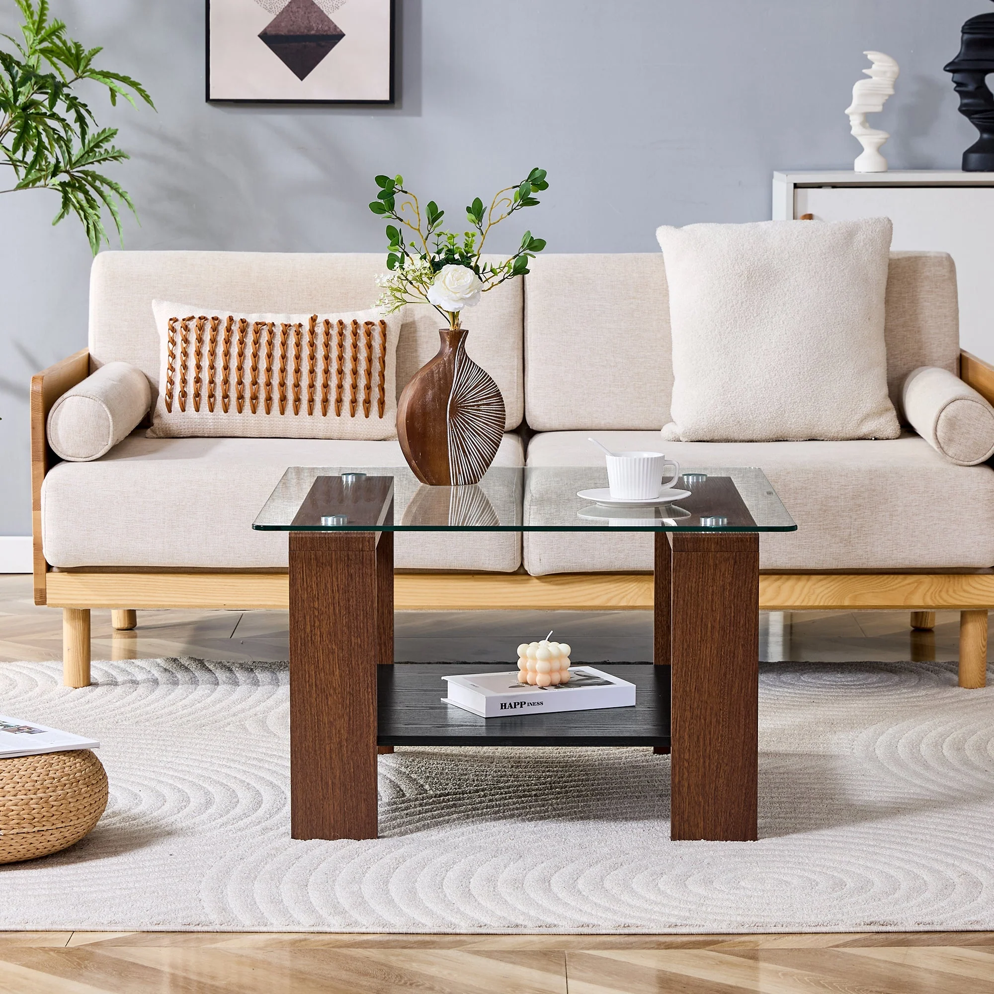 Modern Coffee Table with Storage and Tempered Glass Top, 65x41x45.5cm, Walnut Wood