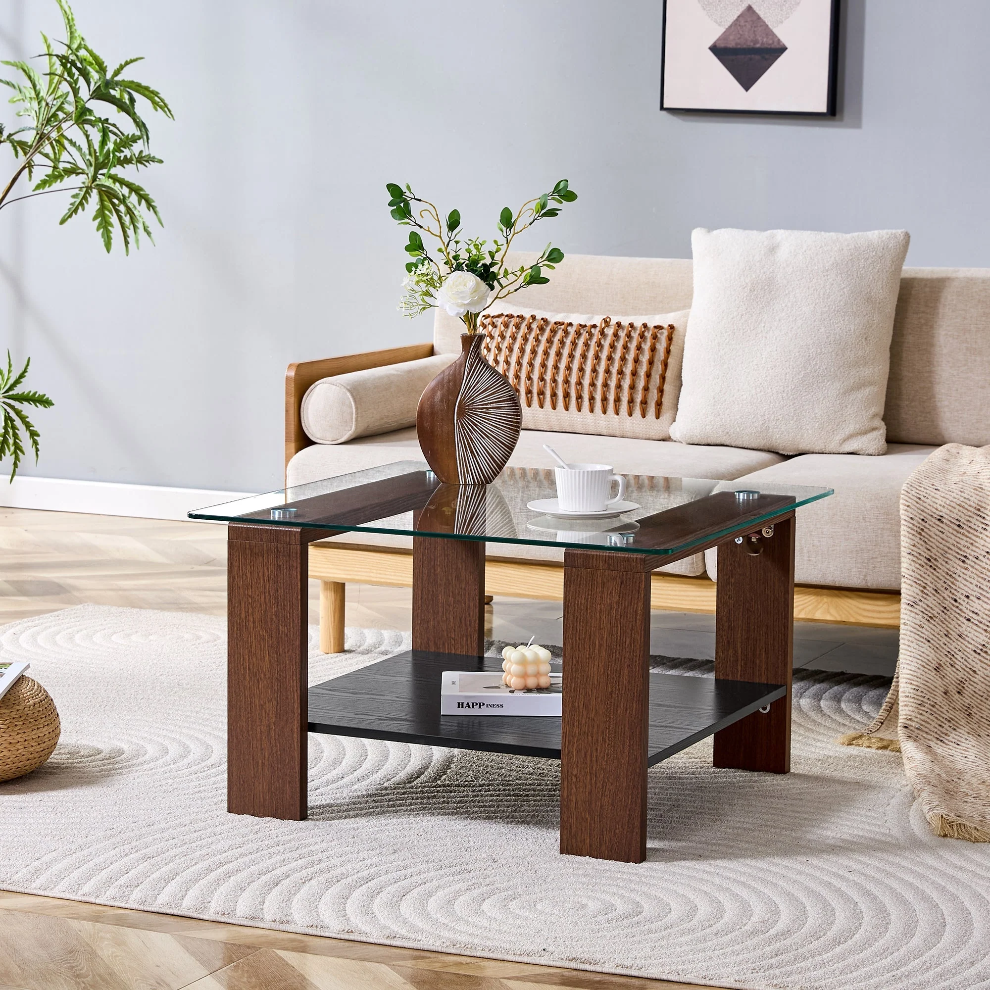 Modern Coffee Table with Storage and Tempered Glass Top, 65x41x45.5cm, Walnut Wood - Image 4