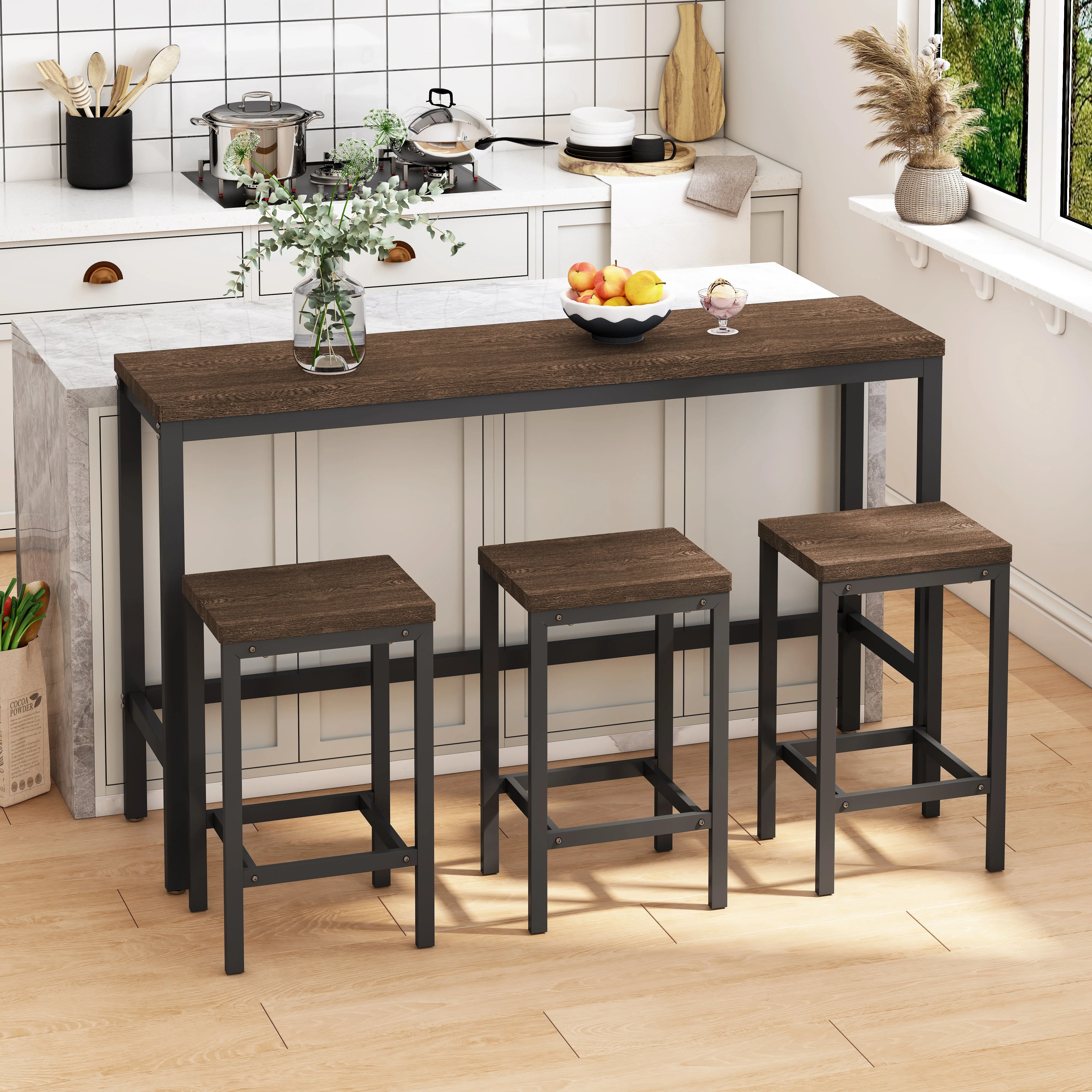 Modern Design Kitchen Dining Table 148CM with 3 Stools, Dark Brown - Image 2