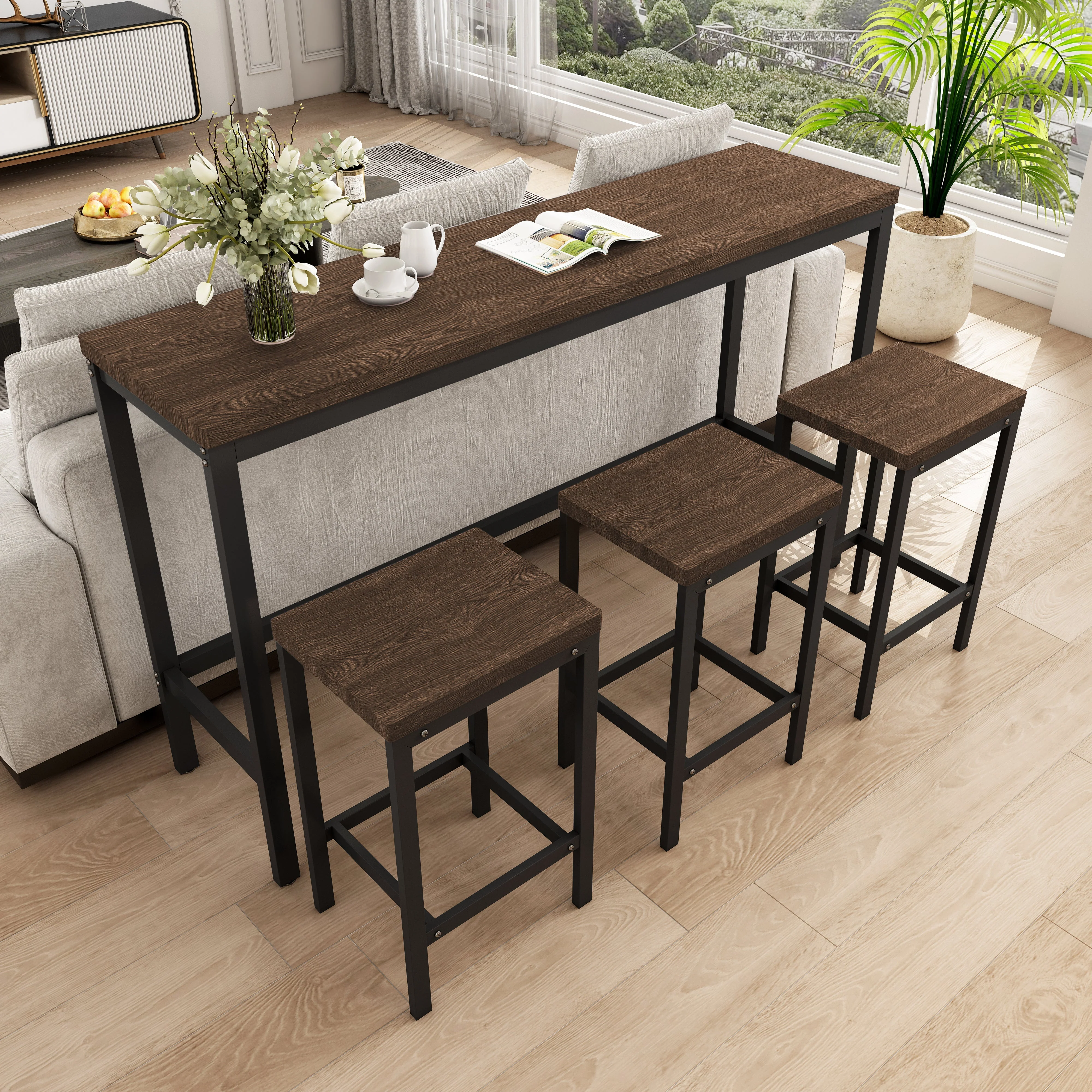 Modern Design Kitchen Dining Table 148CM with 3 Stools, Dark Brown - Image 3