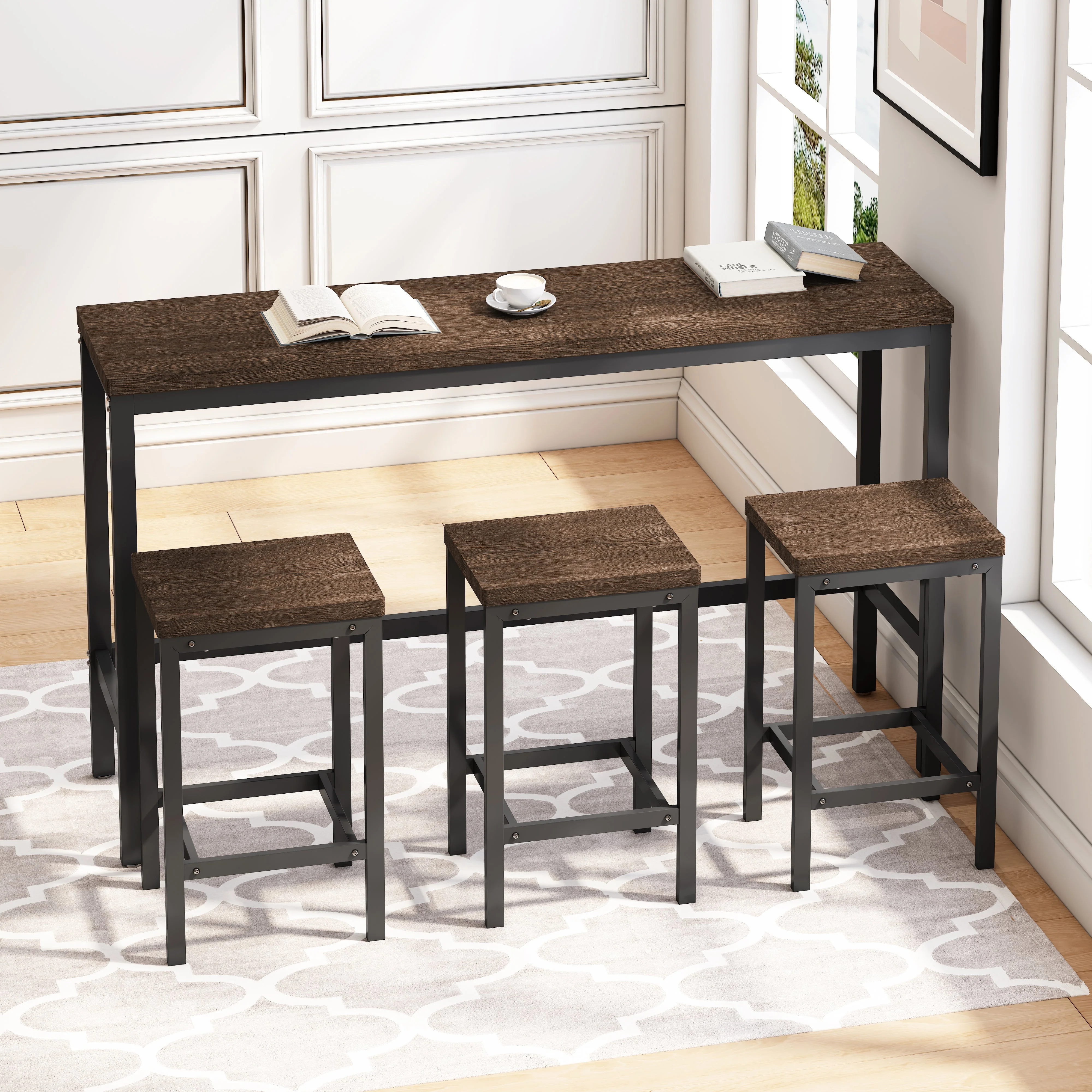 Modern Design Kitchen Dining Table 148CM with 3 Stools, Dark Brown - Image 4