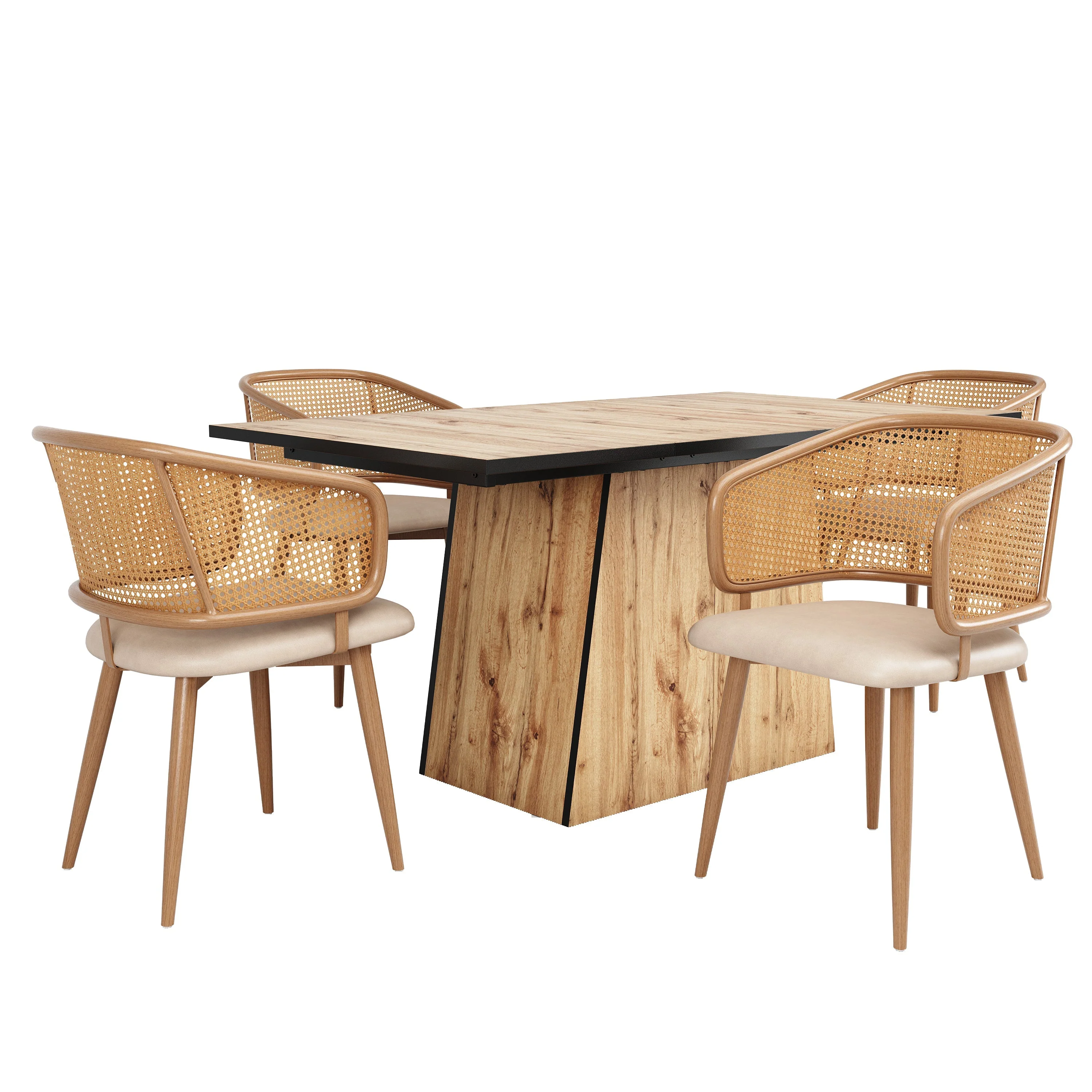 Modern Dining Chairs (4 pcs) with Rattan Backrest & PU Leather Seat, Beige - Image 3