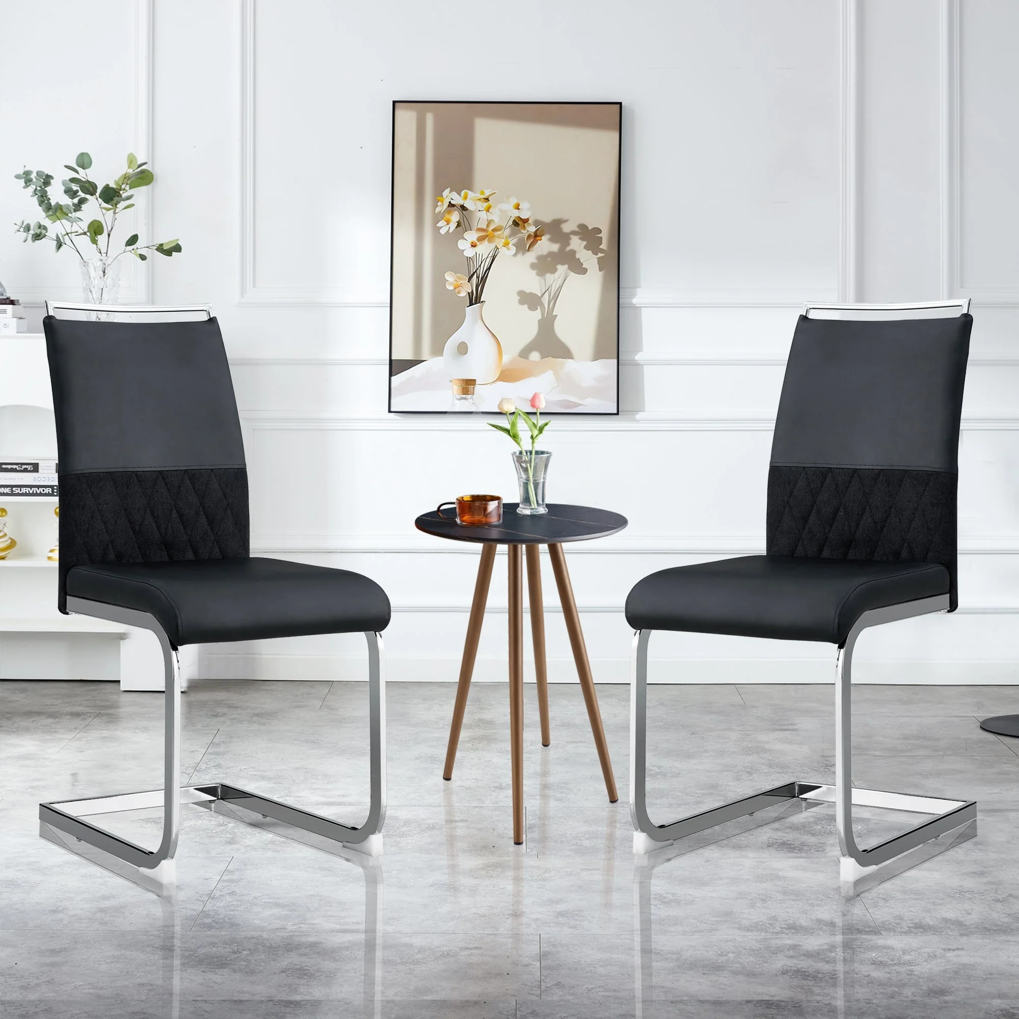 Modern Dining Chairs Set of 2 High-Backed Upholstered Side Chairs with Stripe Backrest PU Leather Linen Black - Image 2