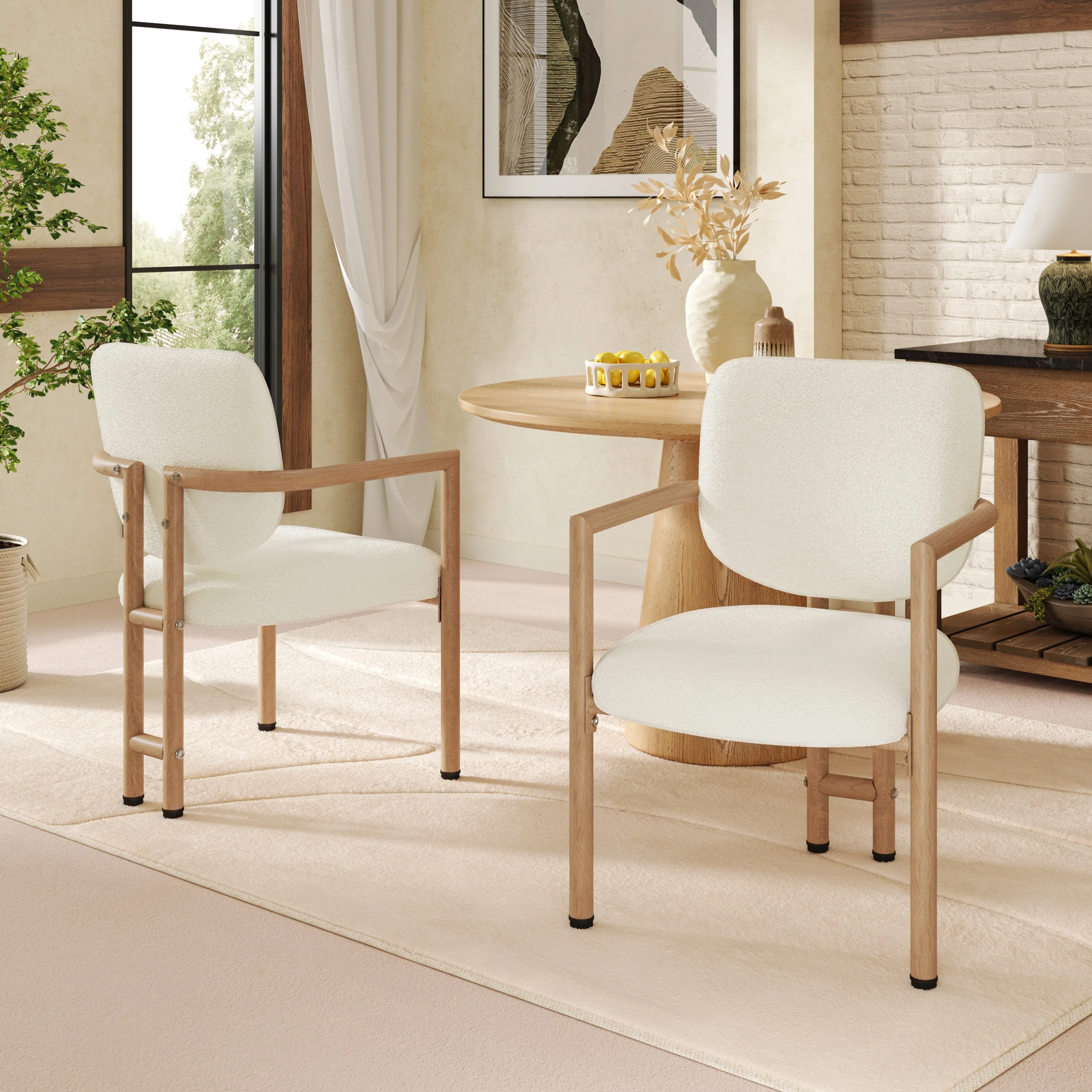 Modern Dining Chairs Set of 4, Ergonomic Bouclé Seats with Wood-Look Metal Legs, Natural Color - Image 2