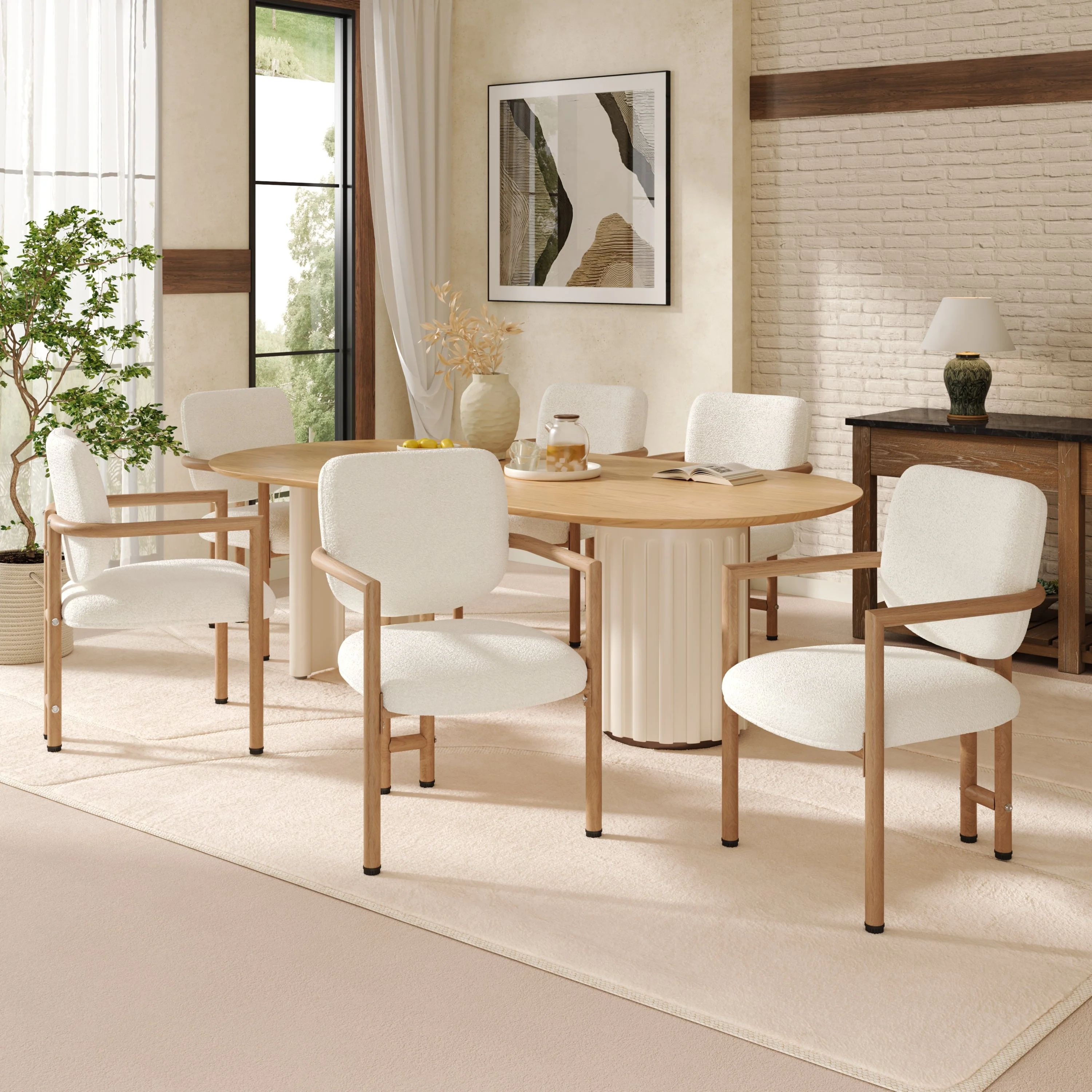 Modern Dining Chairs Set of 4, Ergonomic Bouclé Seats with Wood-Look Metal Legs, Natural Color - Image 3