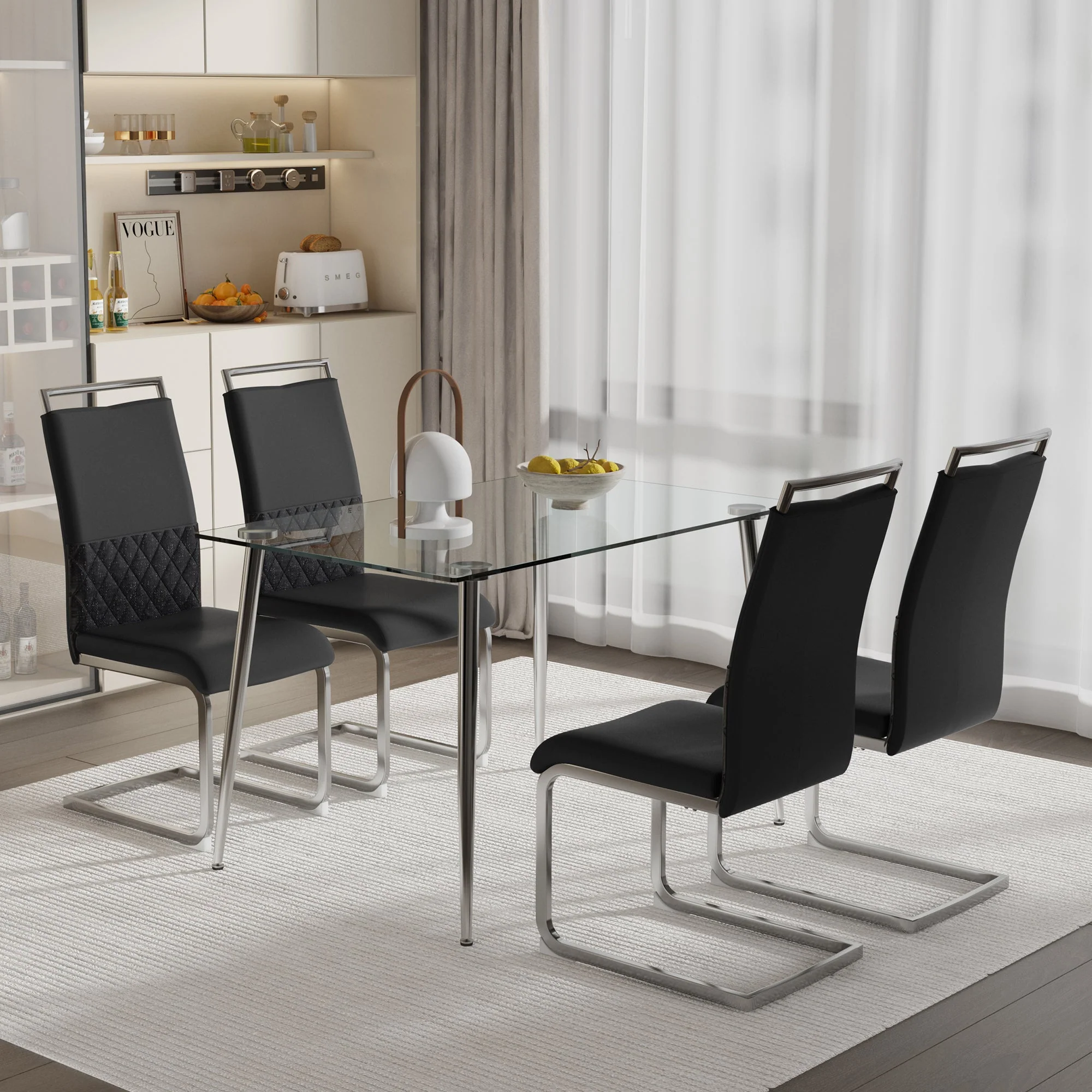 Modern Dining Chairs Set of 4, High-Backed Upholstered Side Chair with Horizontal Stripe Backrest, Black PU Leather and Linen - Image 2