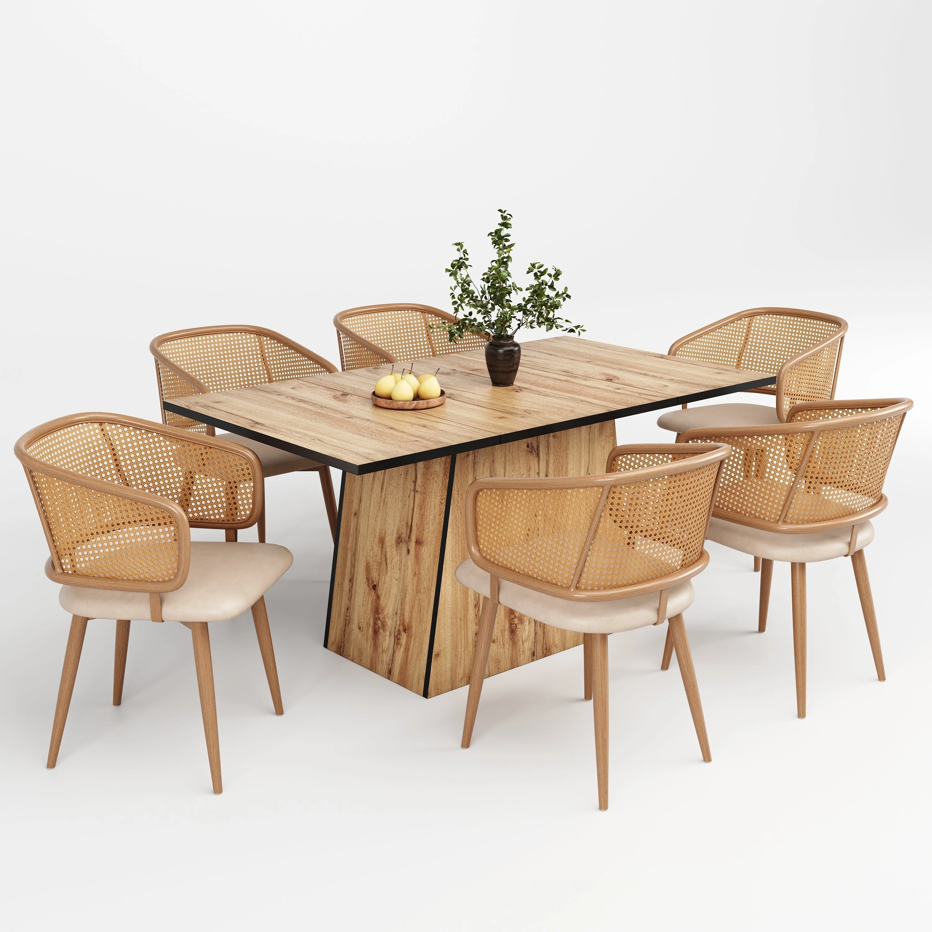 Modern Dining Chairs (Set of 6) with Rattan Backrest, PU Leather Seat, Beige - Image 2