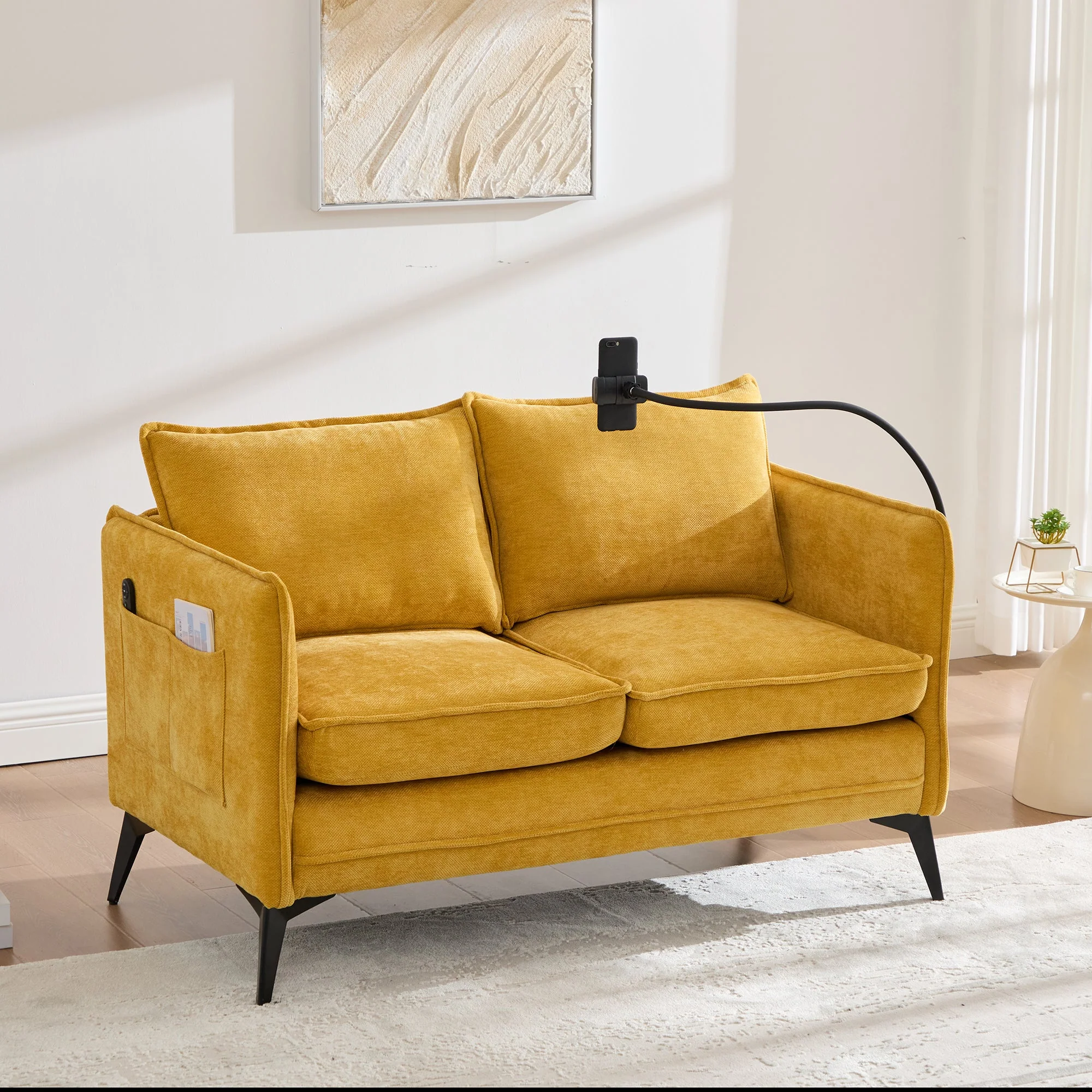 Modern Double Sofa with Storage Side Pocket and Adjustable Phone Holder, Fabric