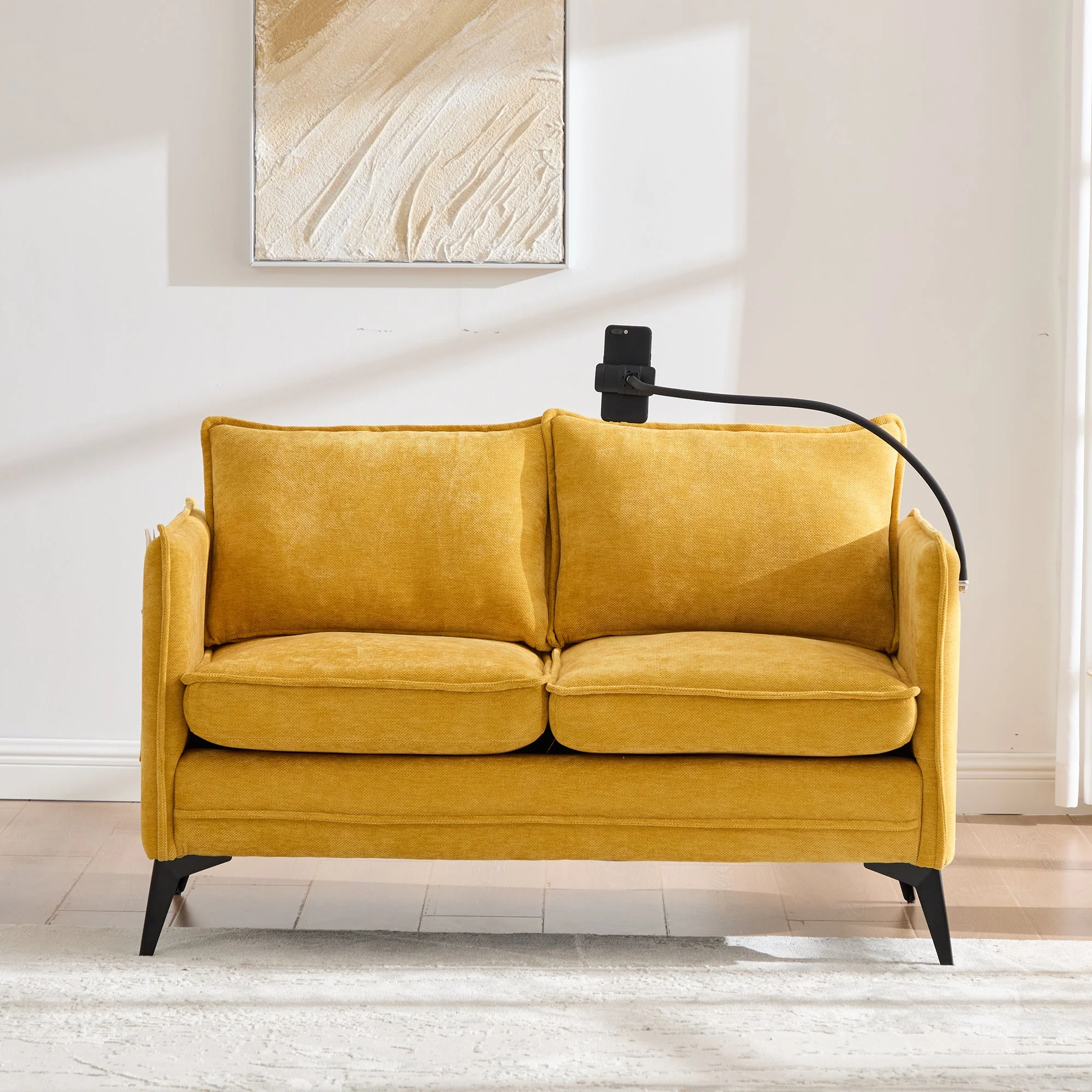 Modern Double Sofa with Storage Side Pocket and Adjustable Phone Holder, Fabric - Image 7
