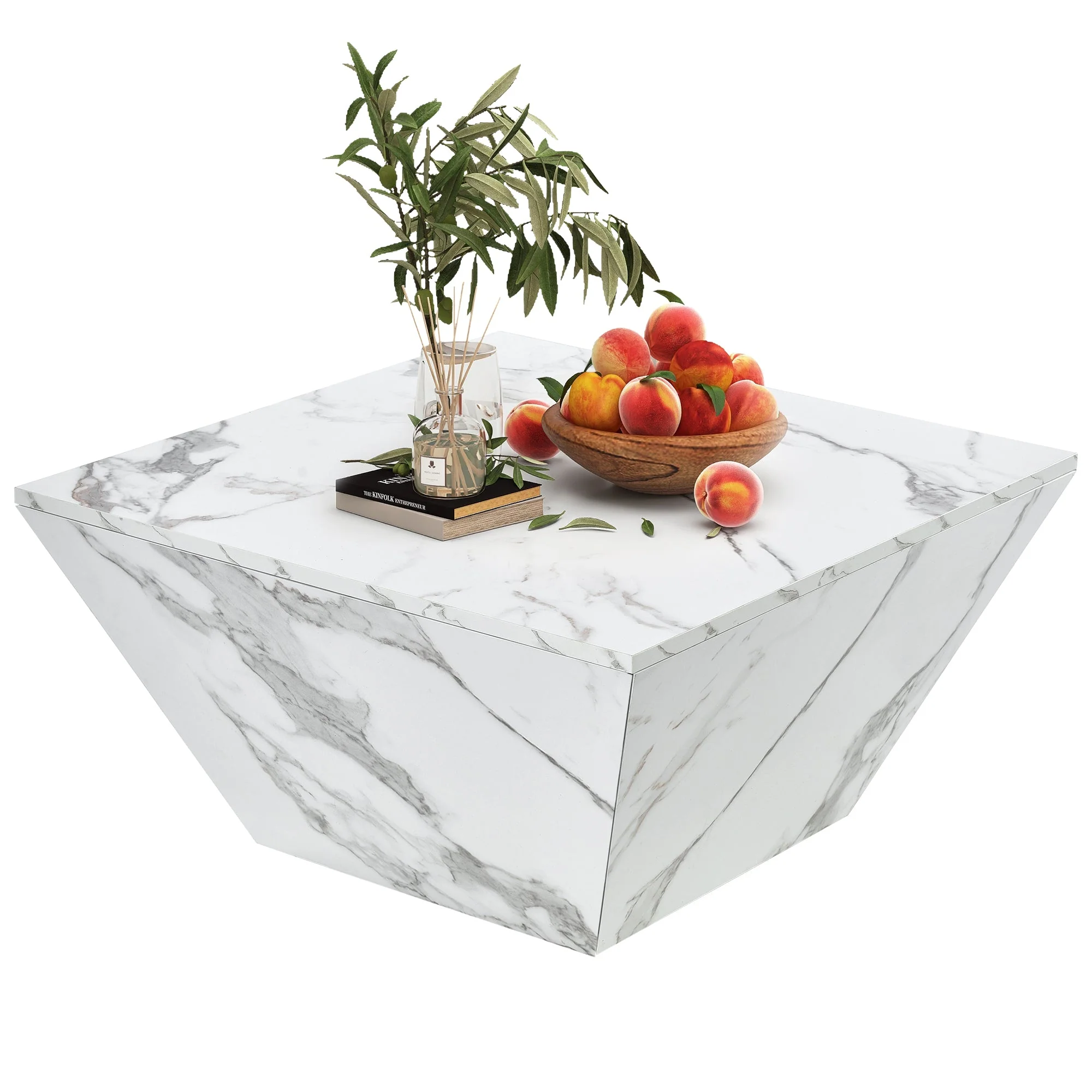 Modern Drum Coffee Table, Trapezoidal with Marble Veneer, White - Image 4