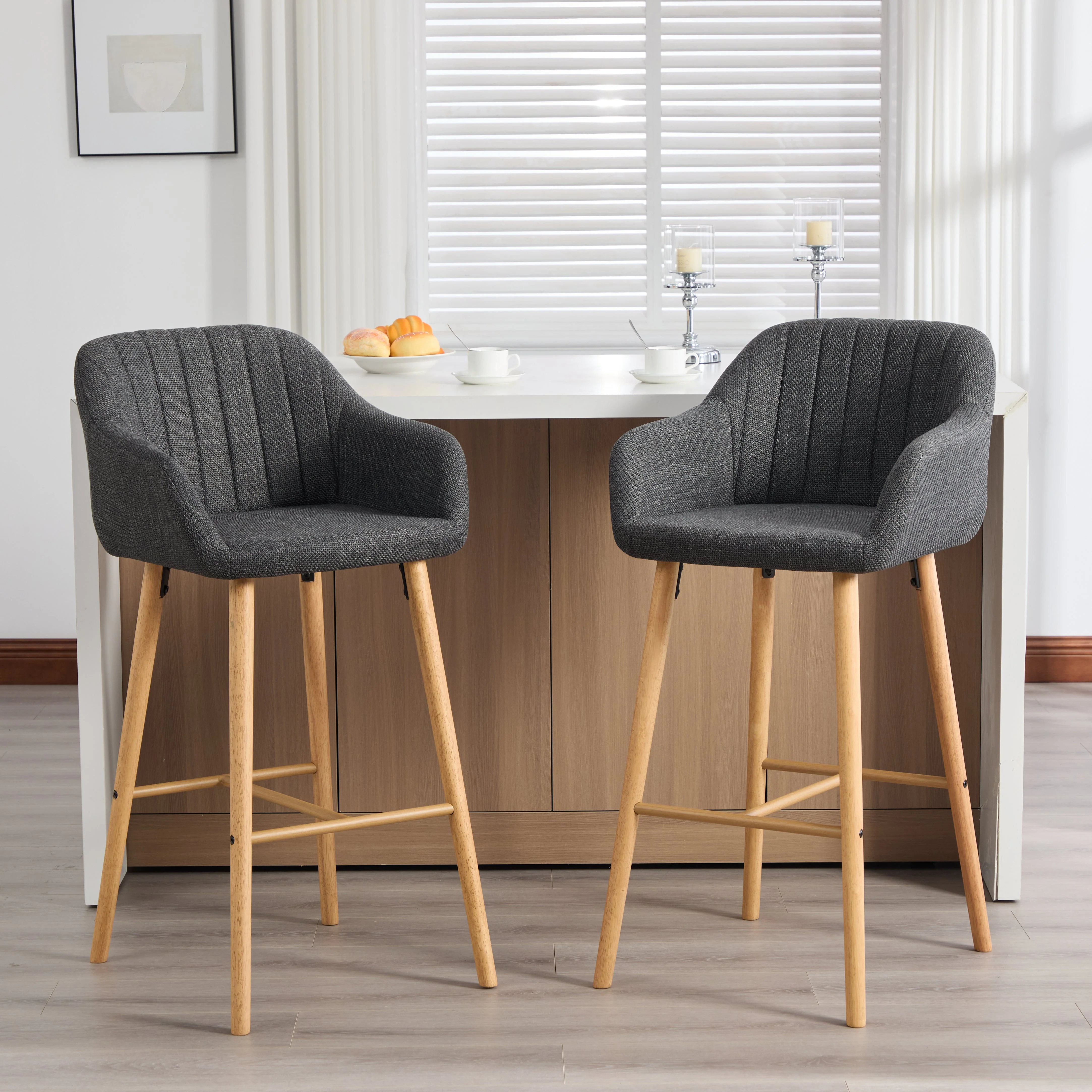 Modern European Bar Stools with High Backrest and Armrests, Set of 2, Beige Linen - Image 10