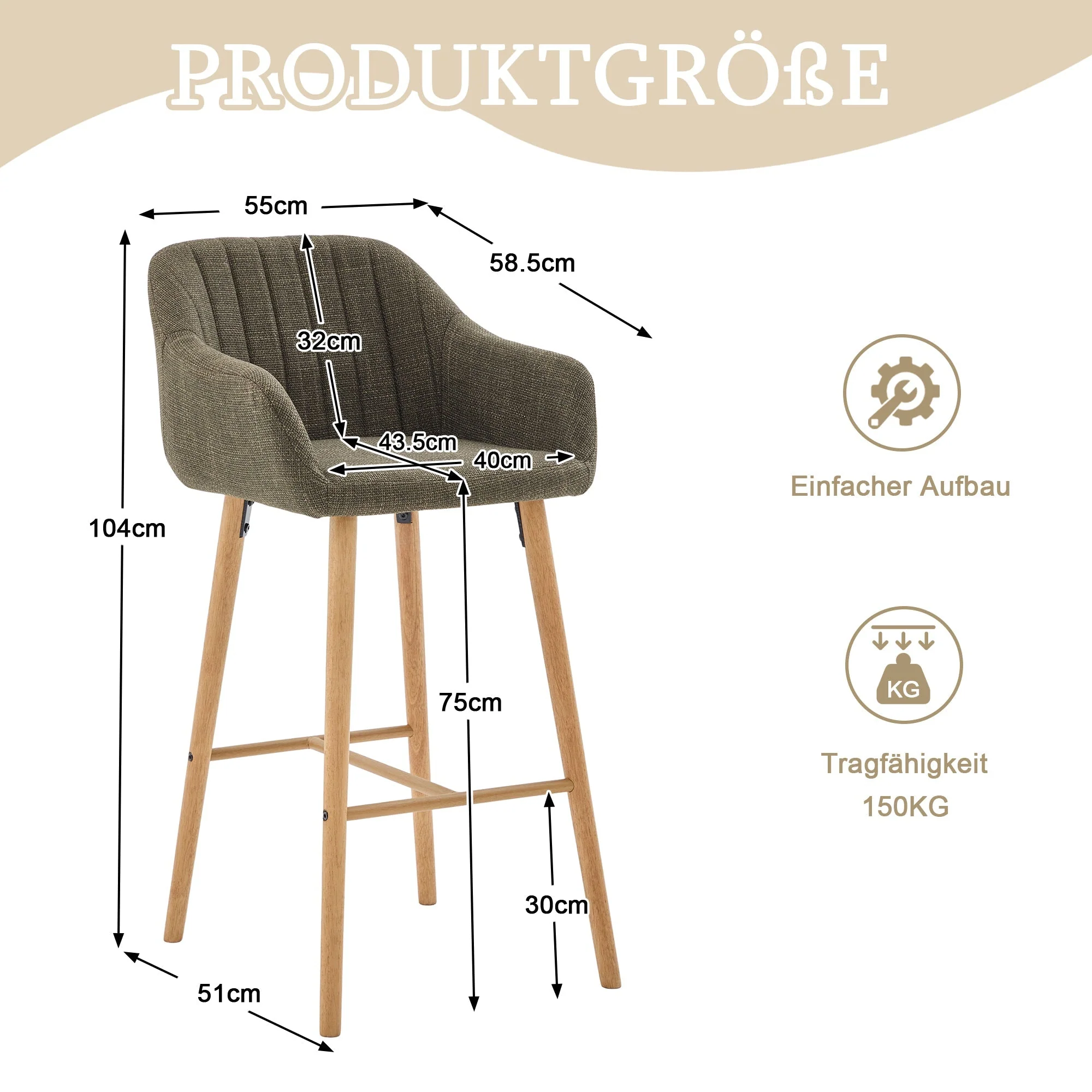 Modern European Bar Stools with High Backrest and Armrests, Set of 2, Beige Linen - Image 14