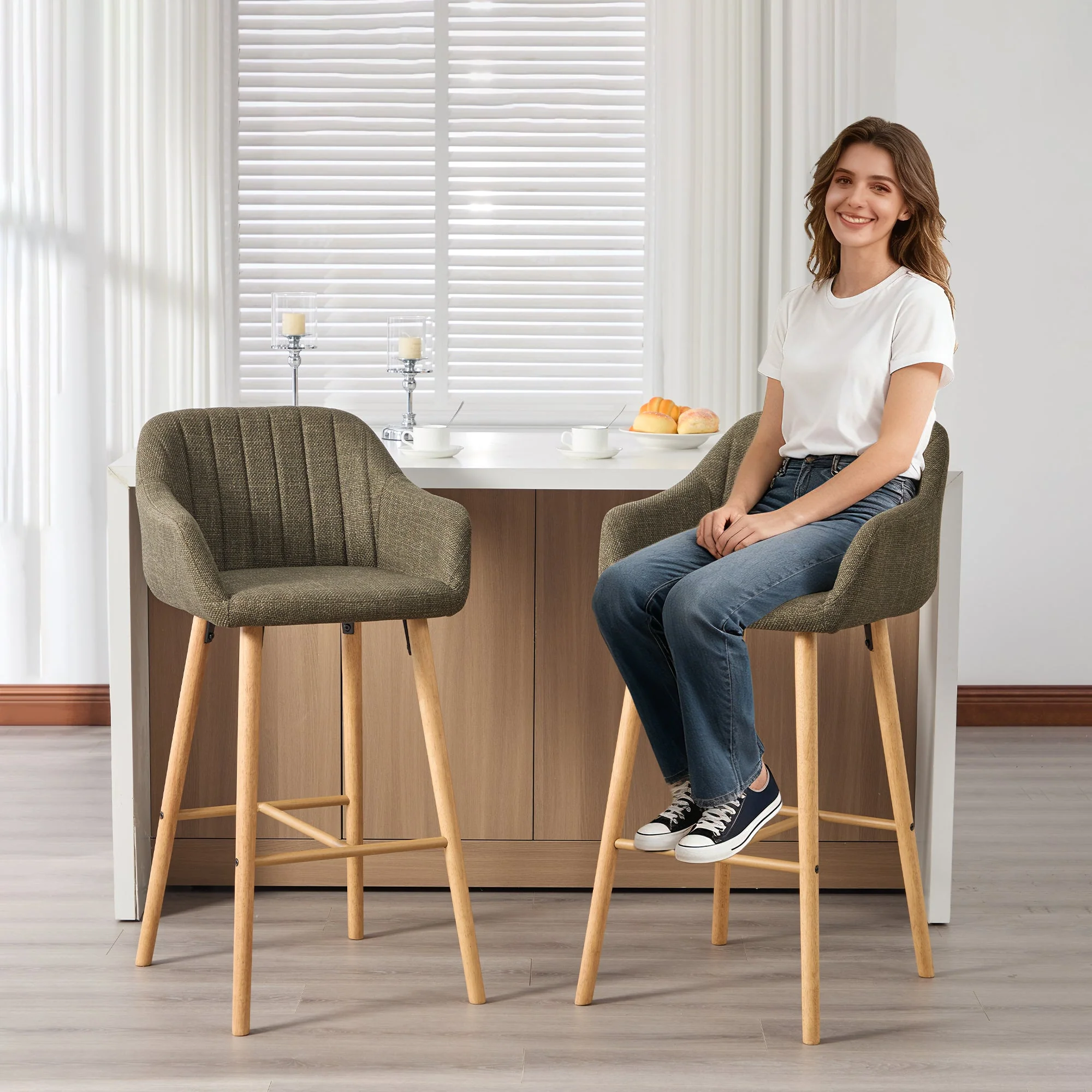 Modern European Bar Stools with High Backrest and Armrests, Set of 2, Beige Linen - Image 16
